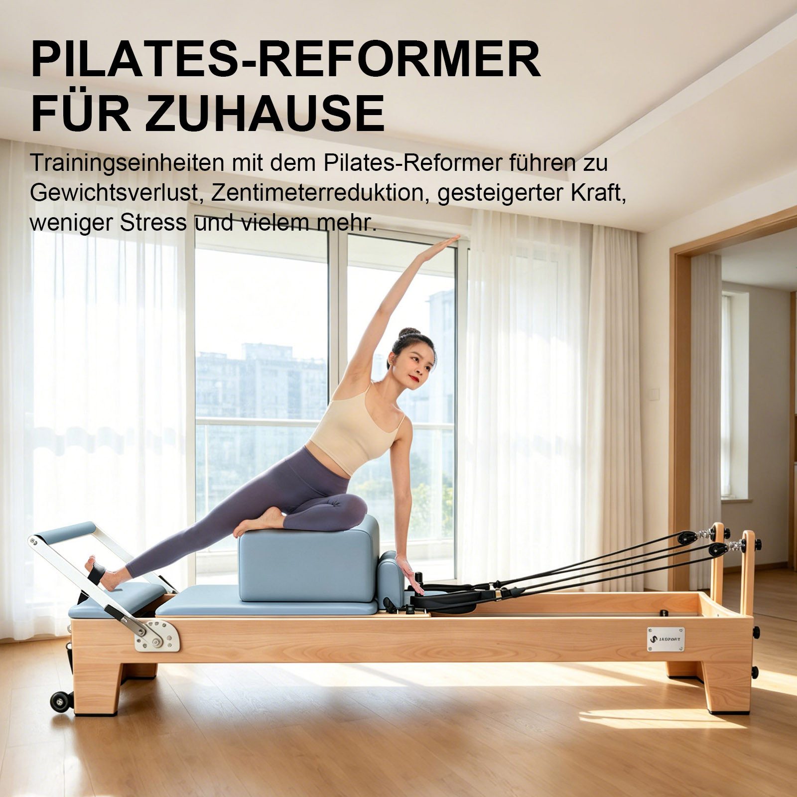 JASPORT Pilates-Reformer Hochwertige Holz-Reformer Serie für Pilates-Studios, (Komplettset mit 6 Federn, Sitzbox, Jumpboard und Fußschlaufen), Für Heimtraining und professionelle Studios geeignet