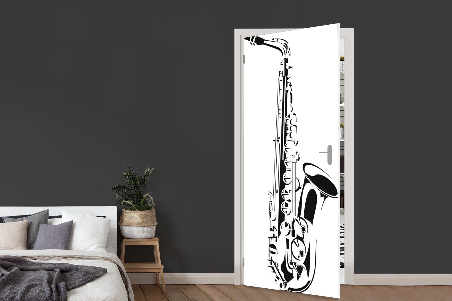 Matt, eines 75x205 Illustration Türtapete (1 bedruckt, Schwarz-Weiß MuchoWow in Türaufkleber, für St), Fototapete Detaillierte Saxophons, cm Tür,