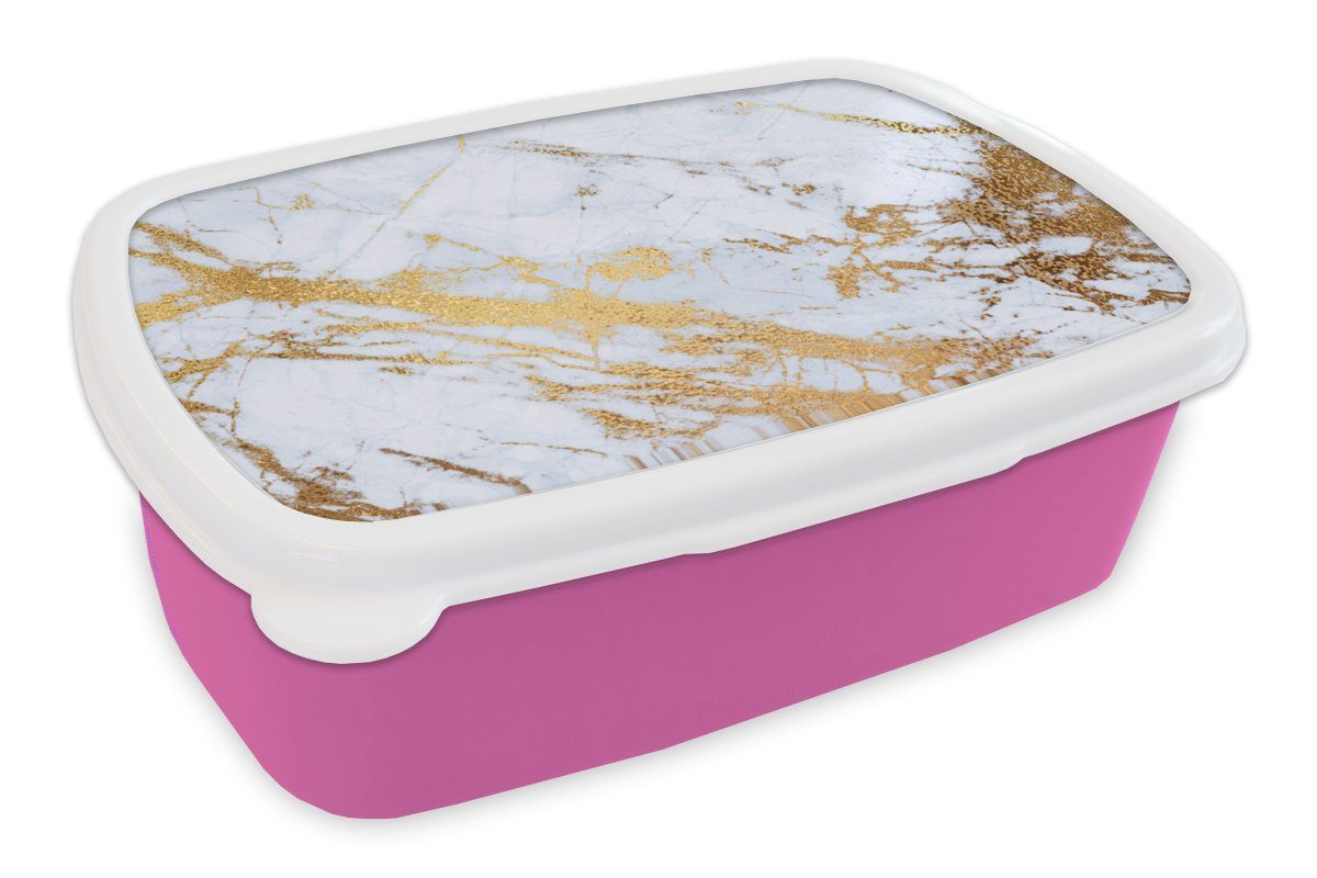 MuchoWow Lunchbox Marmor - Gold - Weiß - Luxe - Marmoroptik - Glitzer, Kunststoff, (2-tlg), Brotbox für Erwachsene, Brotdose Kinder, Snackbox, Mädchen, Kunststoff rosa