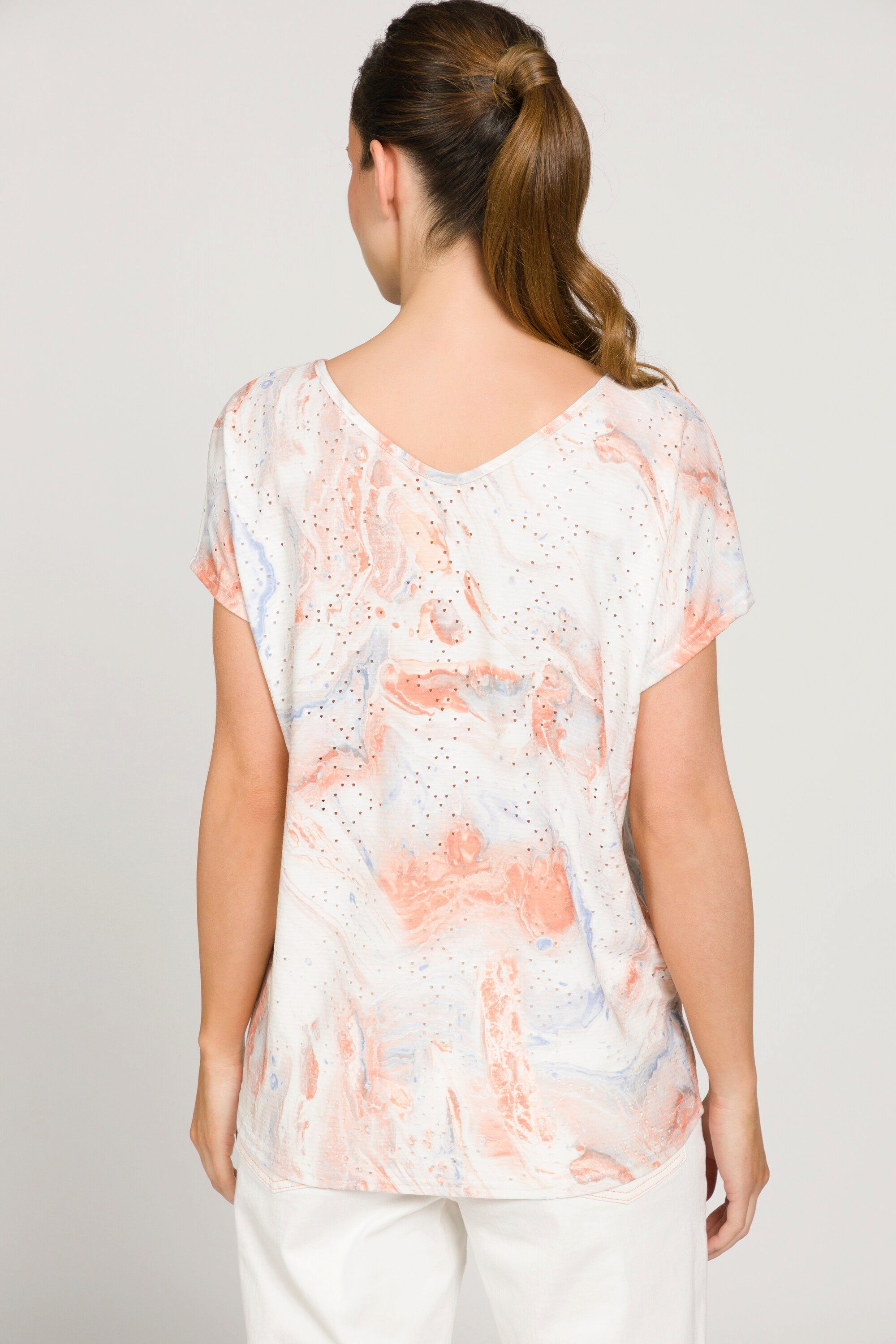 Damen Shirts Gina Laura Rundhalsshirt T-Shirt Ajour-Jersey Marmor Print V-Ausschnitt
