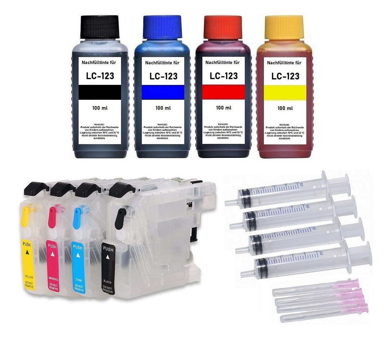 inkpro nachfüllbare Druckerpatronen LC-123 + 400 ml Nachfülltinte (für Brother, für DCP-J132, J150, J152, J172, J4110, J552, J752, MFC-J245, J4310, J4410, J4510, J4610, J470, J4710, J475, J650, J6520, J6720, J6920, J870, x, incl. allem notwendigen Zubehör und Befüllanleitung)