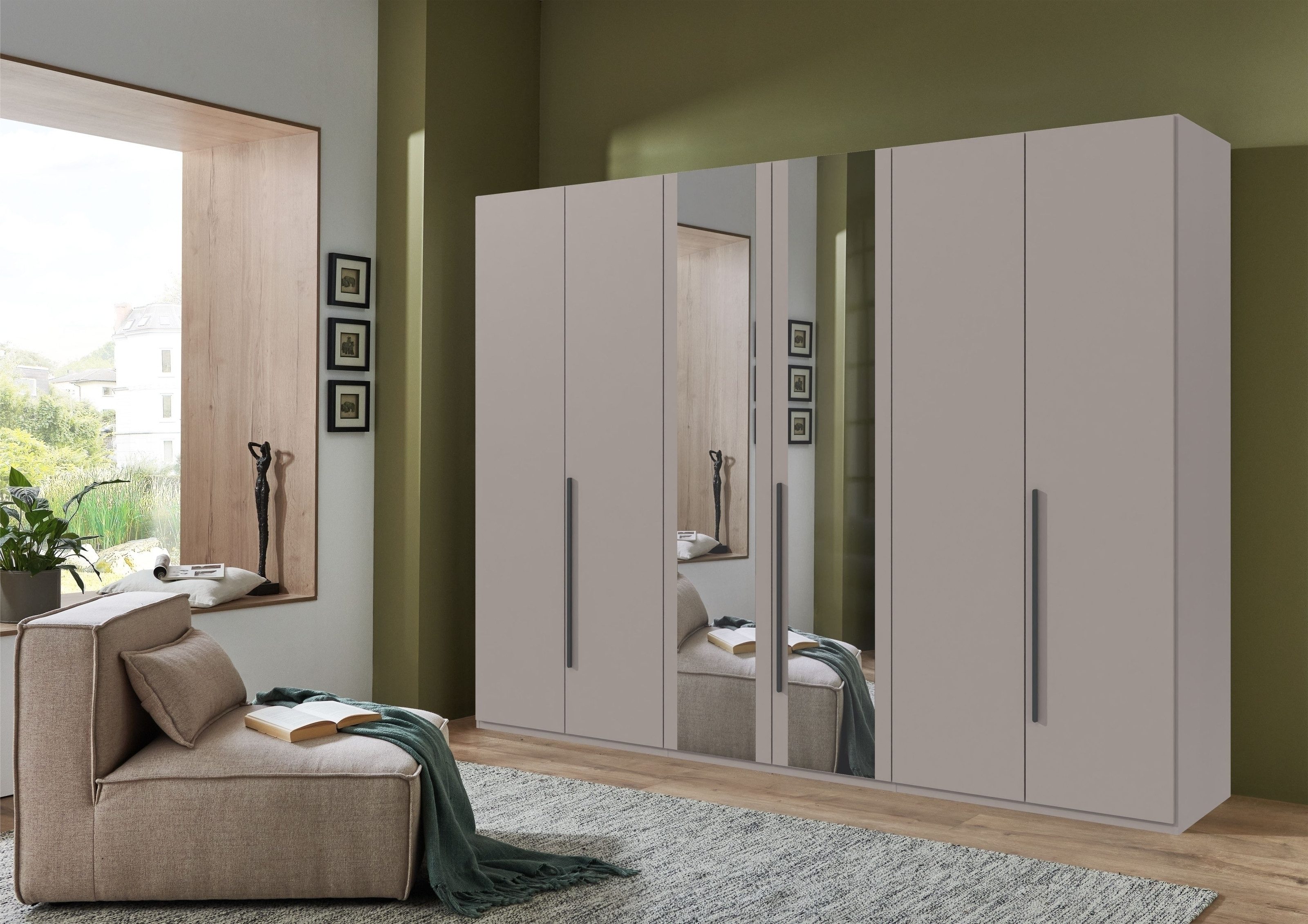 freiraum Drehtürenschrank LONDON in SAHARAGRAU / SPIEGEL / SCHWARZ - 270x208x58 (BxHxT)