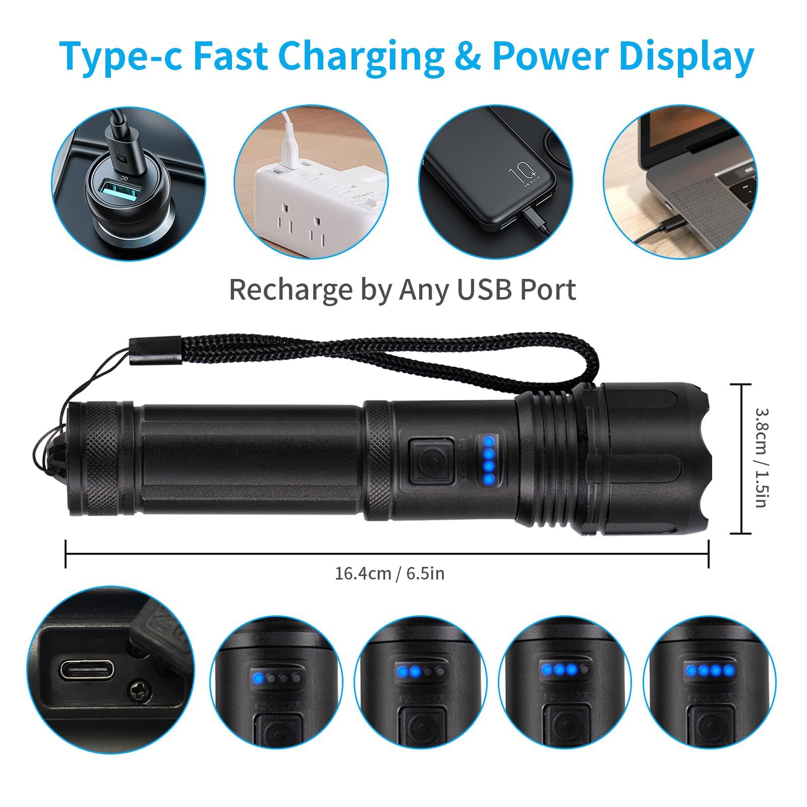 LQWELL LED Taschenlampe LED USB C Aufladbar, Extrem Helle Zoombares Taktische Taschenlampen (1-St., mit 5 Lichtmodi Einstellbare Helligkeit, Wasserdichte Flashlight), für Camping, Wandern, Outdoor, Notfäll