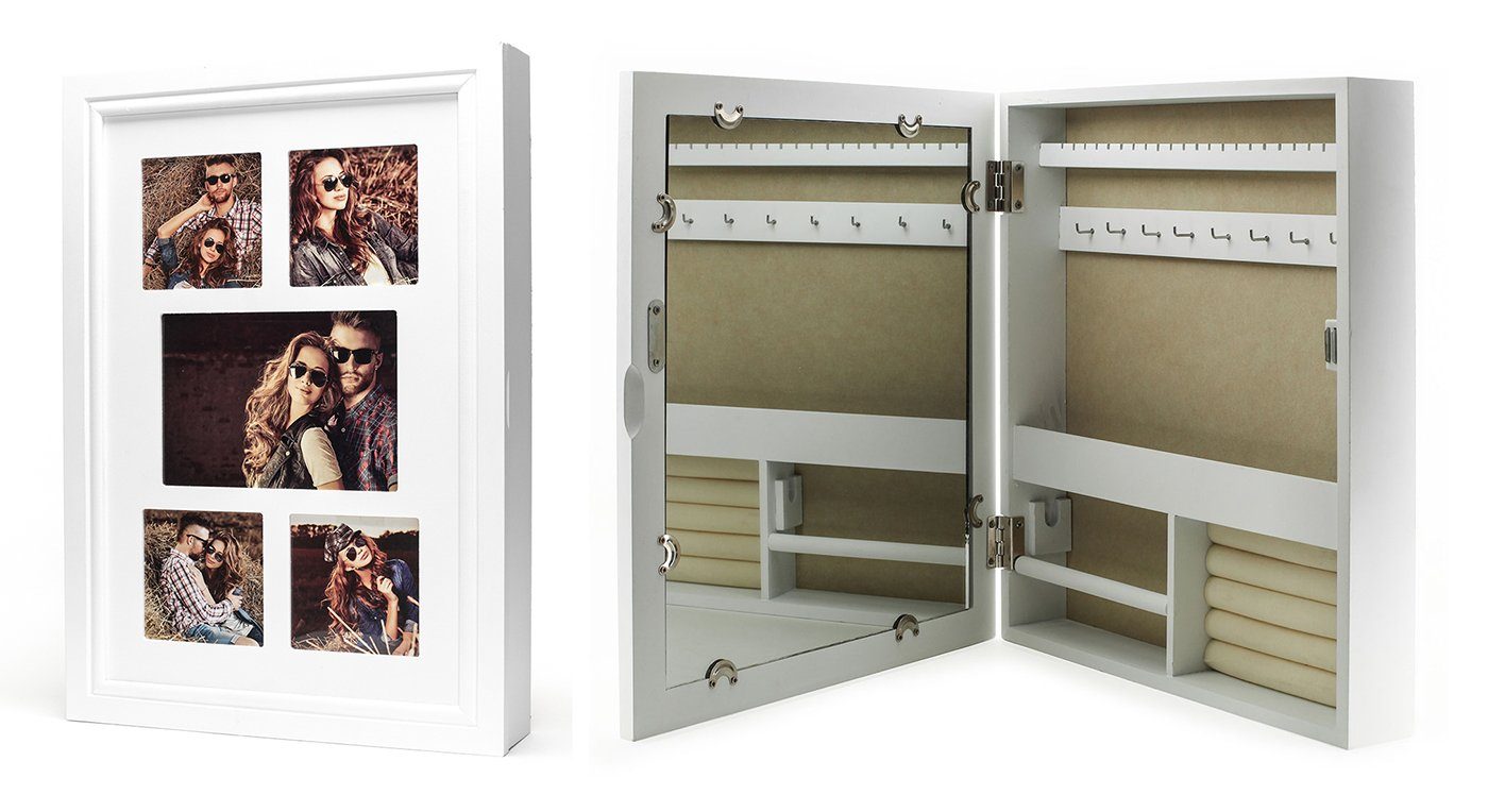 Levandeo® Schmuckkasten, Schmuckkasten Bilderrahmen Spiegel weiß Schmucksch günstig online kaufen