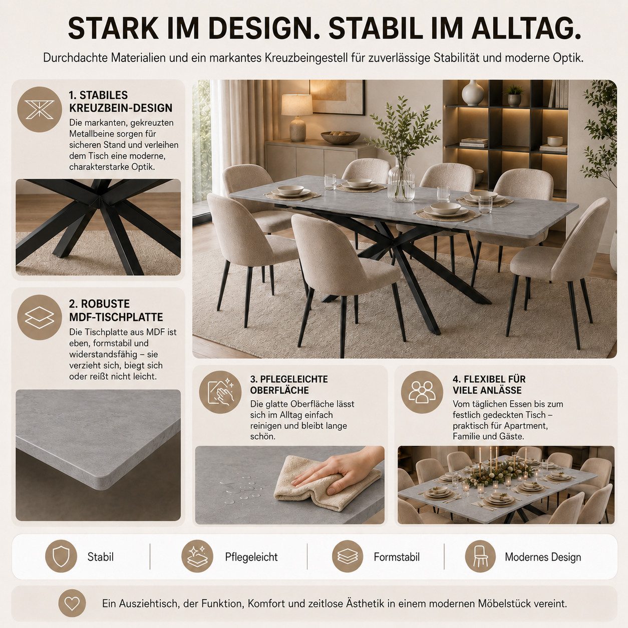 i@home Esstisch Küchentische Kaffee- & Freizeittisch (Kreuzbein-Design, 1-St., automatisch erweiterbar), moderner Ausziehbarer 150/180×70×76 cm Marmorstruktur – Bild 4 von 5