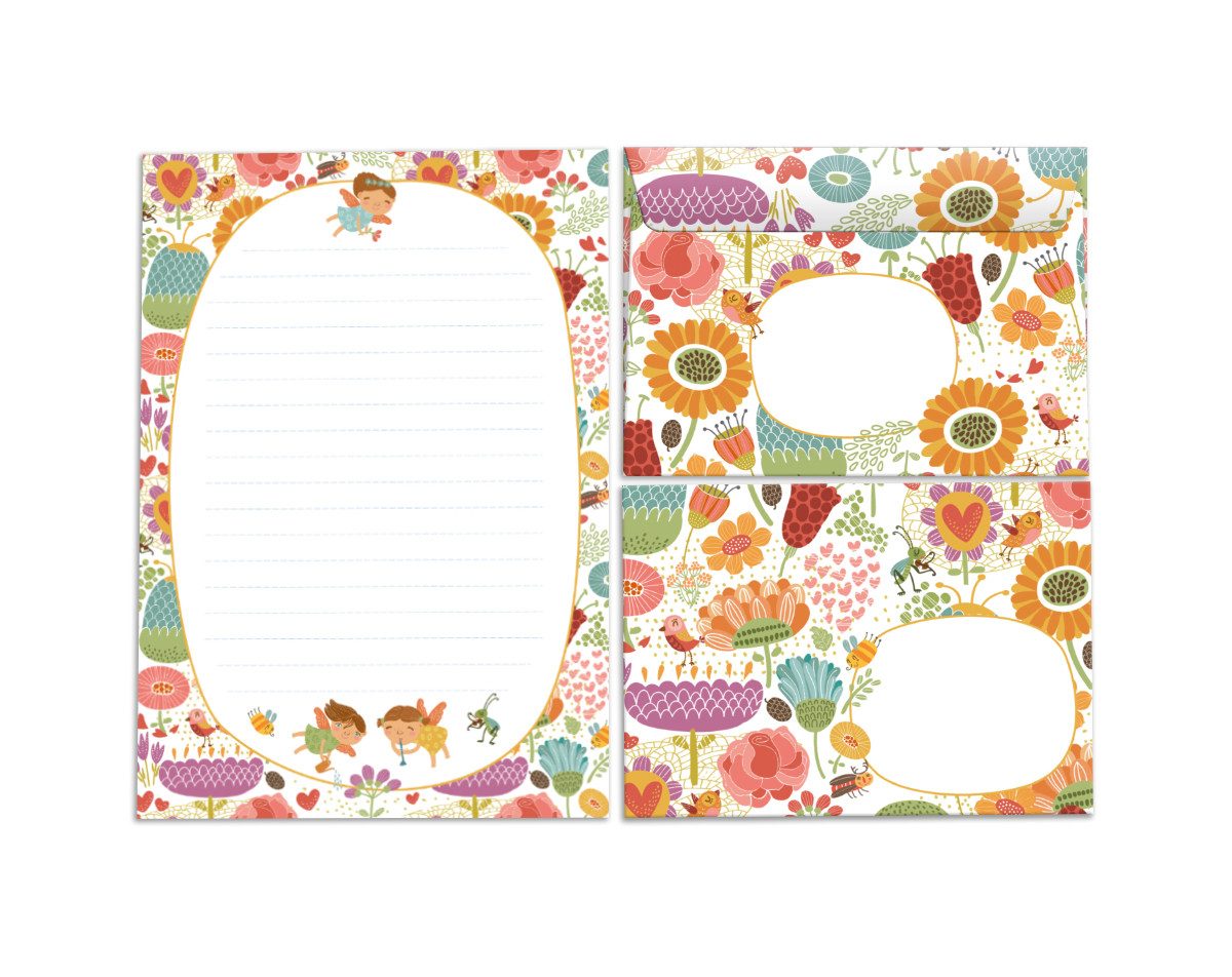 JUNAPACK Briefpapier Set Kinder Briefblock A5 mit Umschlägen Notizblock Papier Feen Blumen, Kinder-Briefpapier A5 mit 15 Umschlägen, liniert & leicht beschreibbar