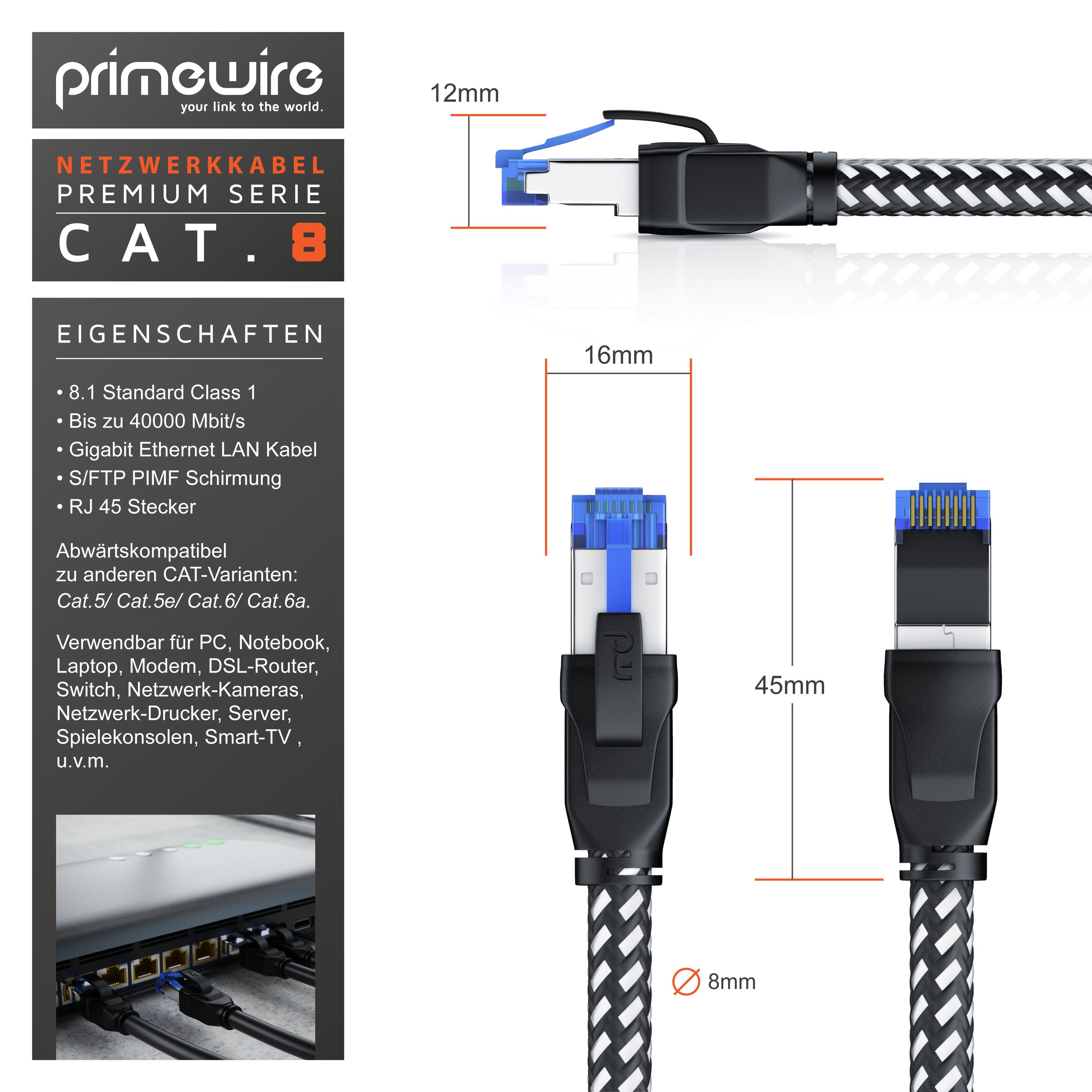 Primewire LAN-Kabel, CAT.8, RJ-45 (Ethernet) (25 cm), Patchkabel CAT 8, Baumwollummantelung, Netzwerkkabel 40 Gbit/s - 0,25m