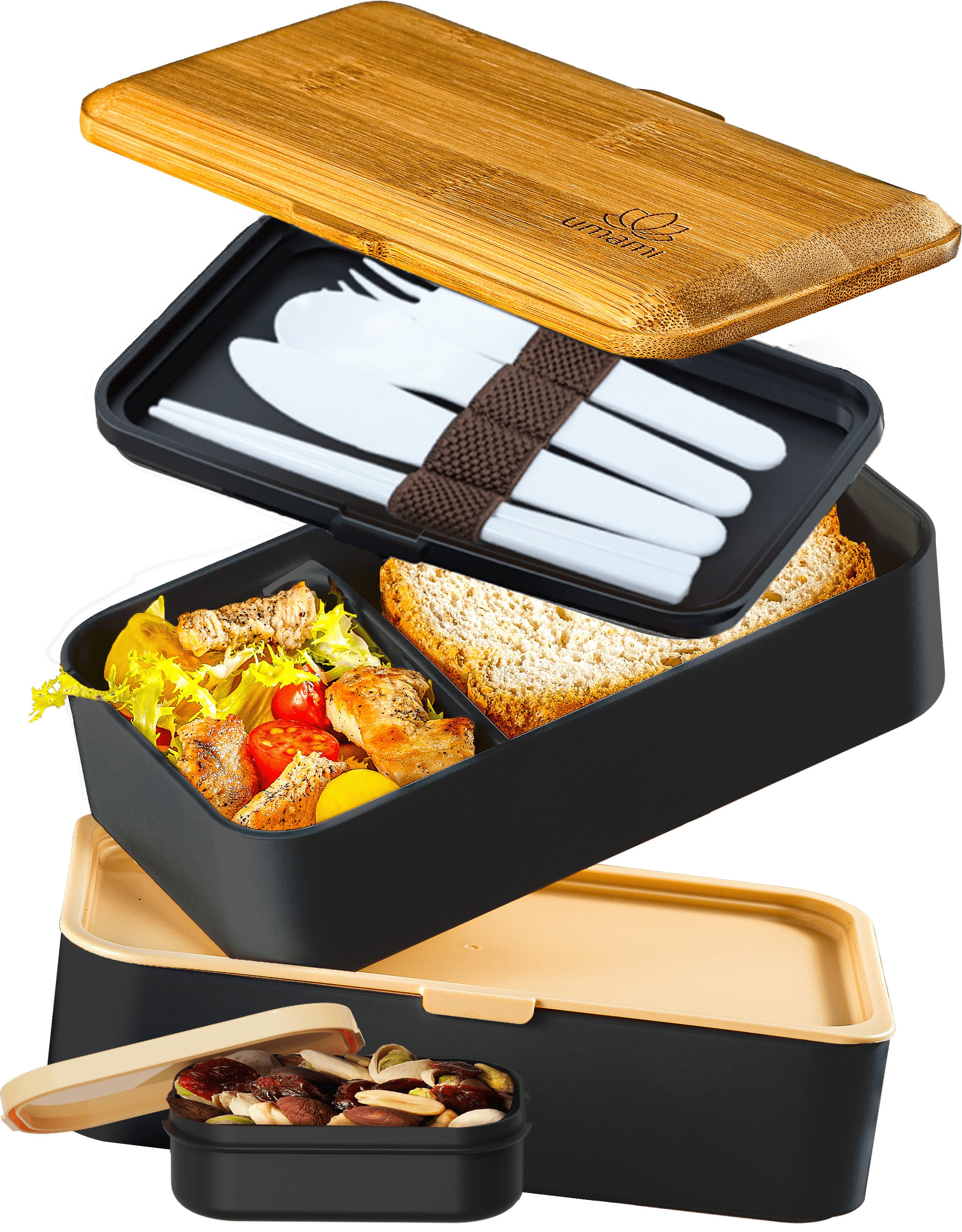 UMAMI Lunchbox All-in-1 1,2L Brotdose - mit Besteck und 2 Saucenbehältern, (für Erwachsene mit Zubehör), Auslaufsichere Brotbox mit Fächern für Meal Prep