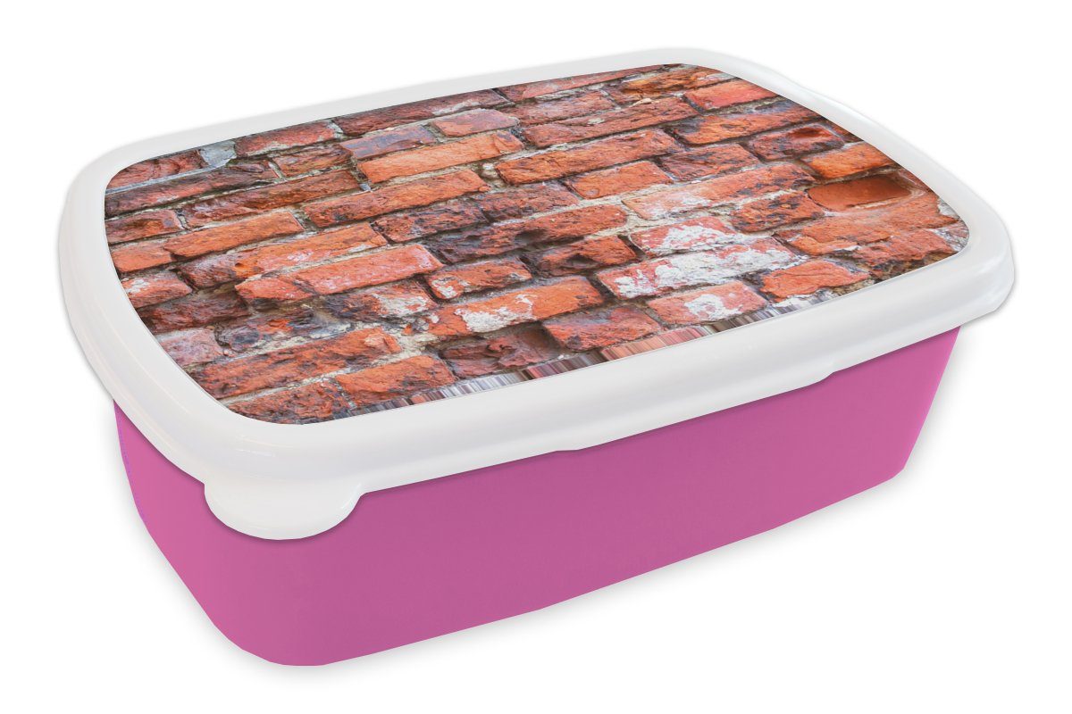 MuchoWow Lunchbox Mauerwerk - Wand - Ziegel, Kunststoff, (2-tlg), Brotbox für Erwachsene, Brotdose Kinder, Snackbox, Mädchen, Kunststoff rosa