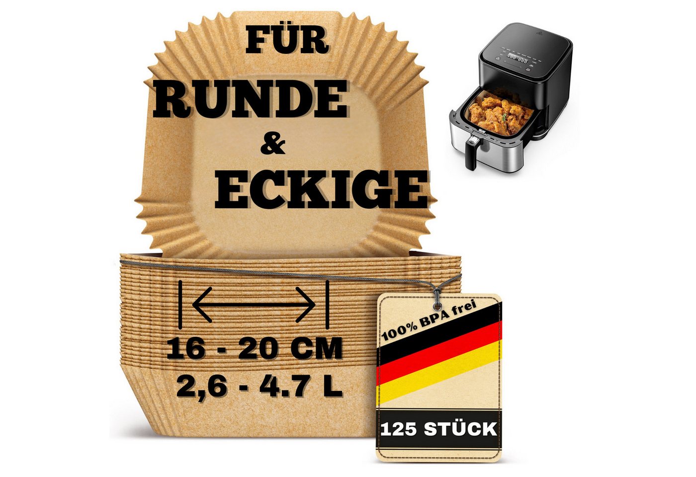 Smart-Planet Backpapier Backpapier Smart-Planet für Heißluftfritteuse 125 Stück - 16-20cm, Antihaft-Beschichtung