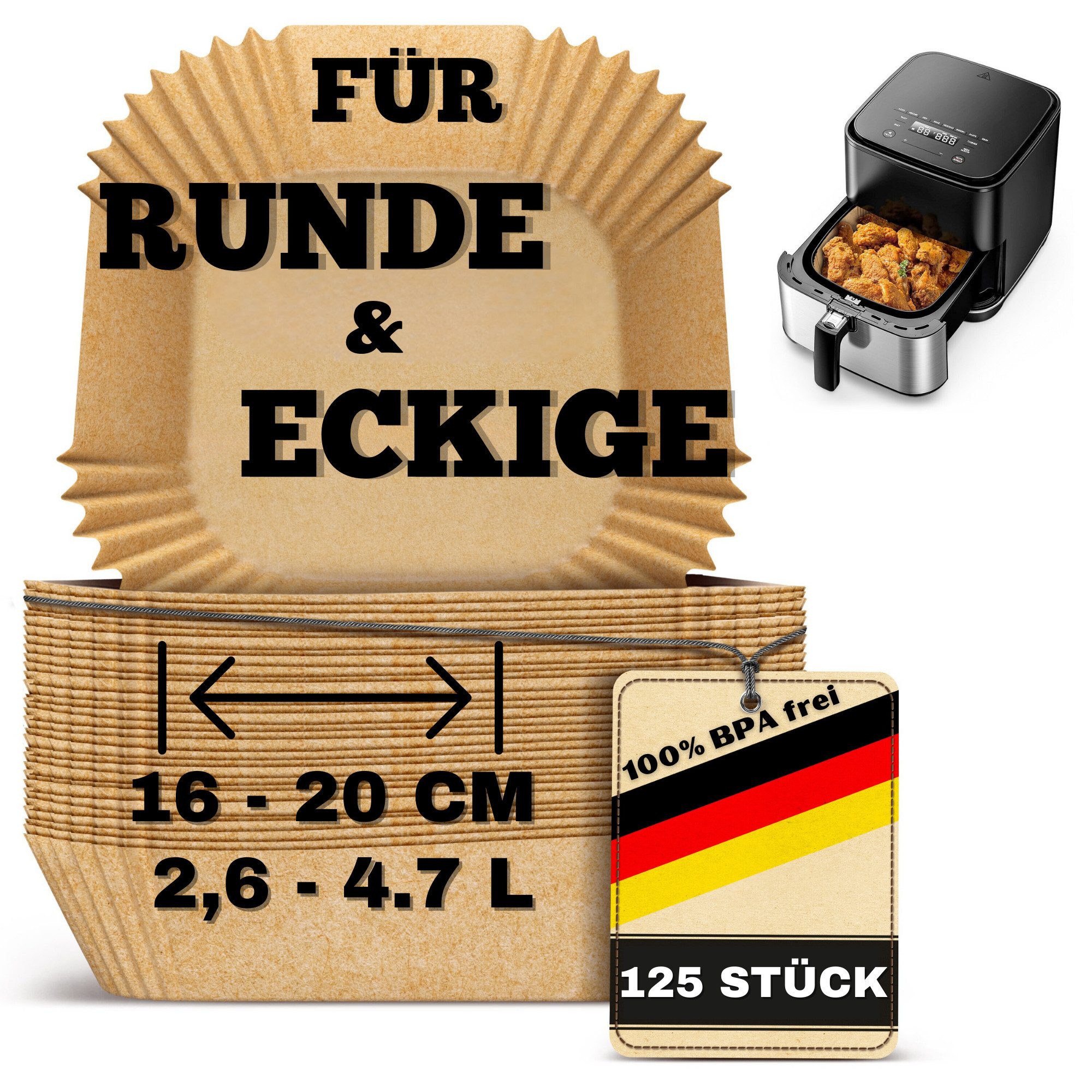 Smart-Planet Backpapier Backpapier Smart-Planet für Heißluftfritteuse 125 Stück - 16-20cm, Antihaft-Beschichtung