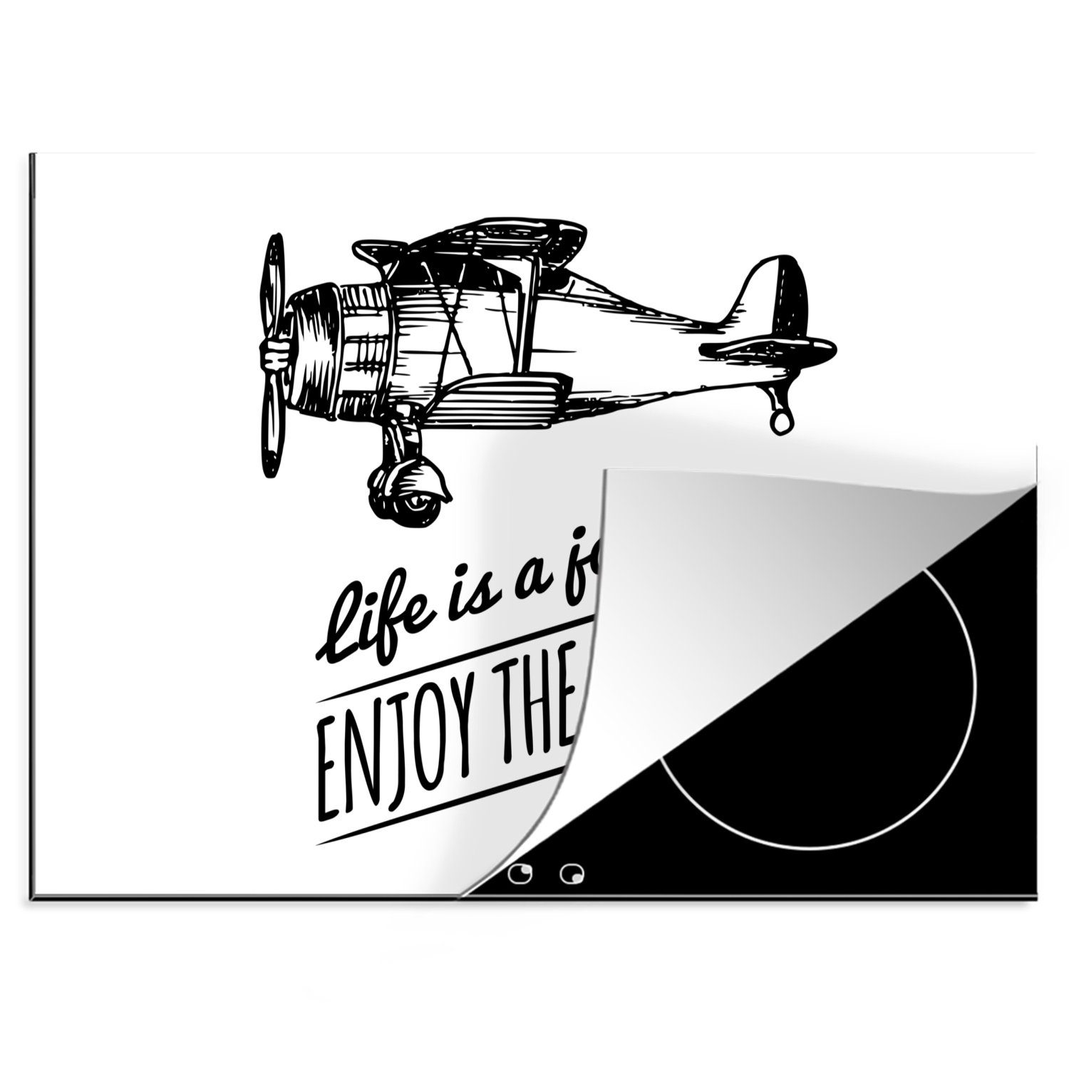 MuchoWow Herdblende-/Abdeckplatte Zitat "Das Leben ist eine Reise, genieße den Flug" auf weißem, Vinyl, (1 tlg), 70x52 cm, Mobile Arbeitsfläche nutzbar, Ceranfeldabdeckung