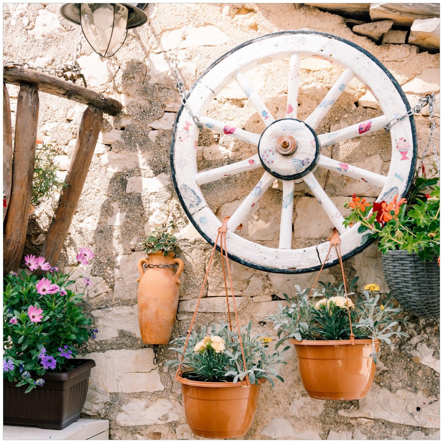 Wallario Möbelfolie Wagenrad an Natursteinwand