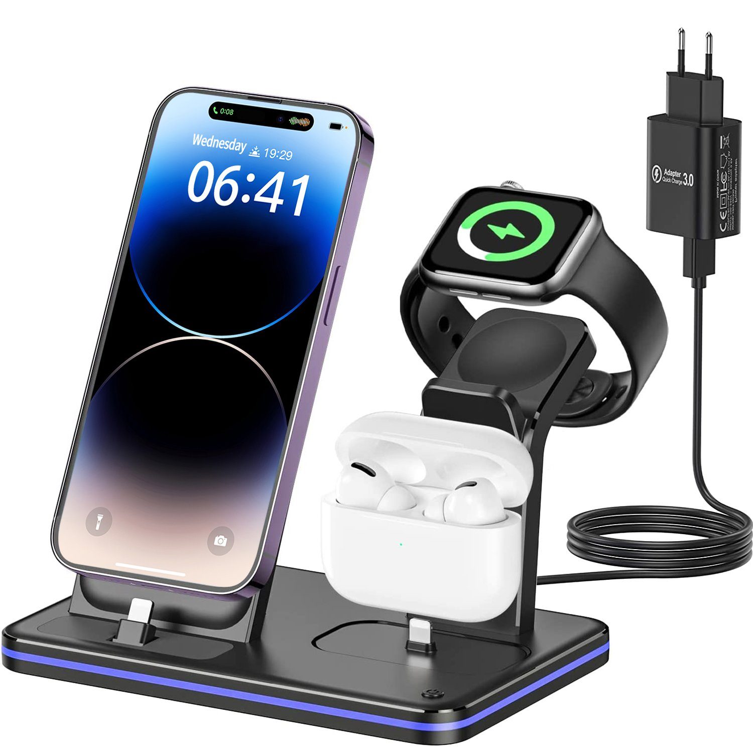 EUARY Handy-Dockingstation Induktive Ladestation Apple 3 in 1 iPhone iWatch  Airpods Induktions, (Kabellose Ladegerät Handy Induktions Ladegeräte),  Wireless Charger für Apple iWatch iPhone Airpods Charging Station