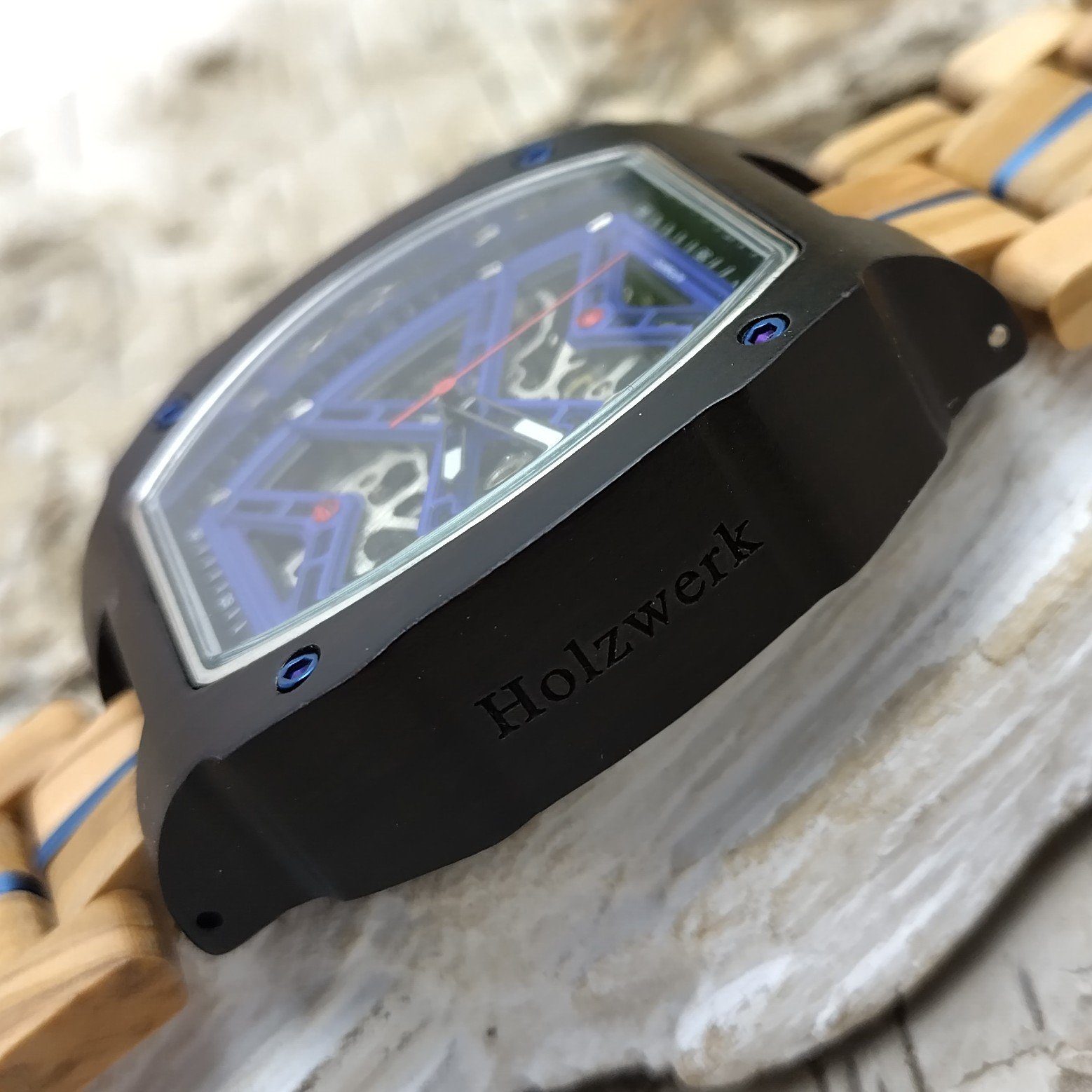 Holzwerk Automatikuhr CASTROP Tonneau Holz Armband Herren in blau schwarz Uhr beige, &