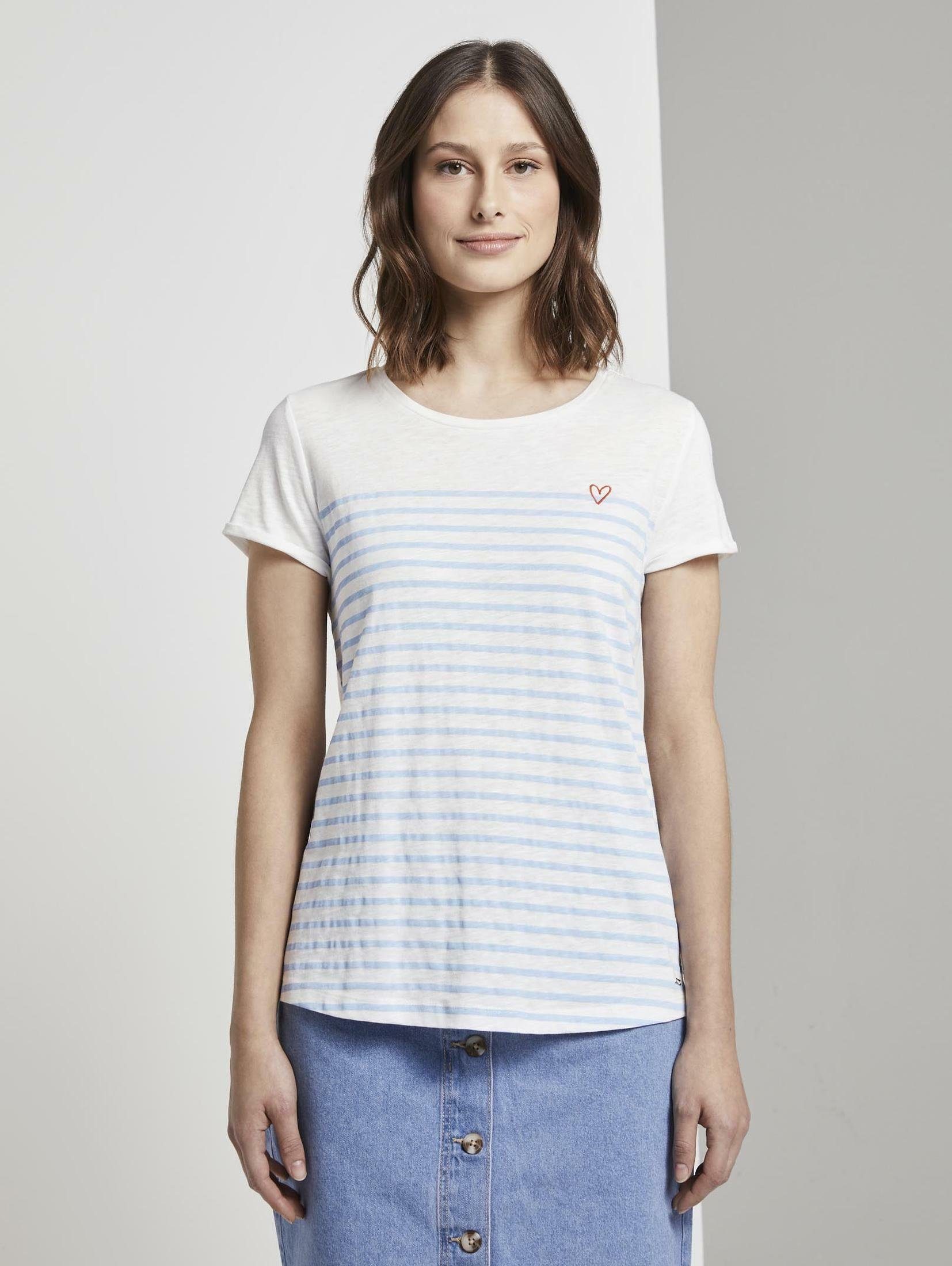 TOM TAILOR Denim Langarmshirt Gestreiftes T-Shirt mit kleiner Stickerei light blue white stripe
