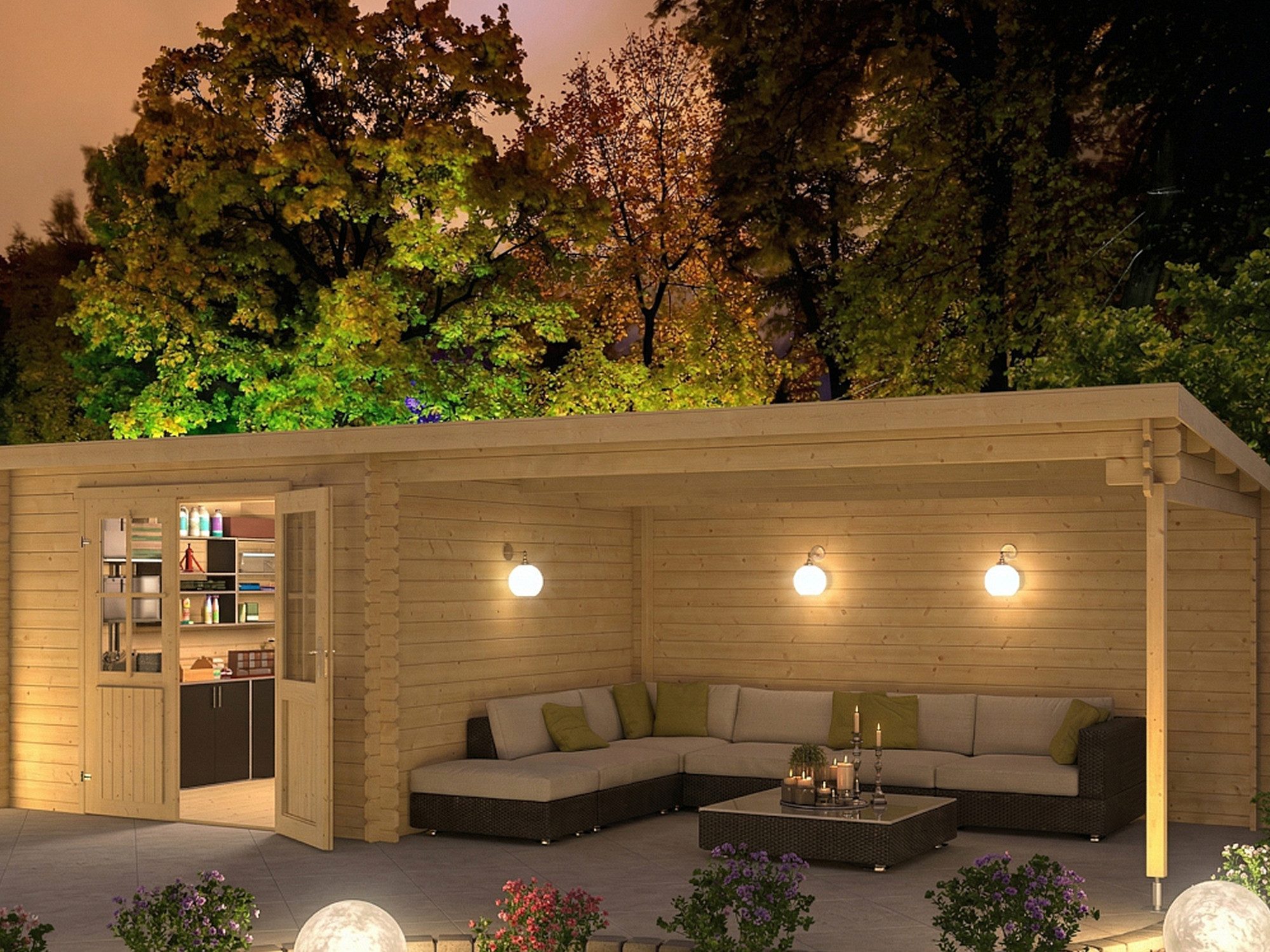 LASITA MAJA Gartenhaus Gartenhaus Blockbohlenhaus St. Louis Exklusiv 28 mm mit 4 m Anbau, BxT: 695x309 cm, Anbaudach, 28 mm Wandstärke, Einzeltür mit Echtglas-Einsätzen