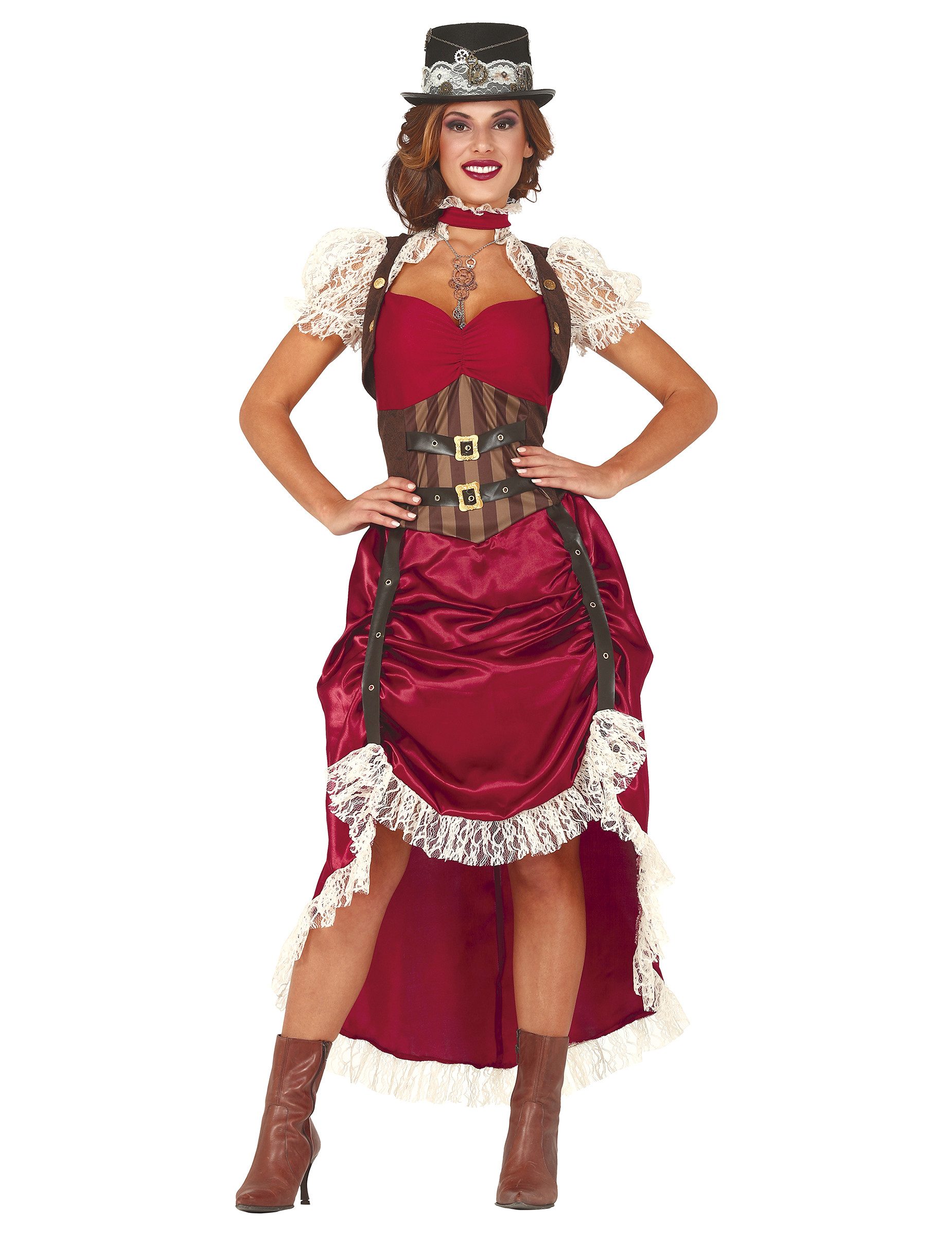 Fiestas Guirca Kostüm Steampunk-Kostüm für Damen Saloon-Dame Steampunk-Kleid rot-braun-weiss