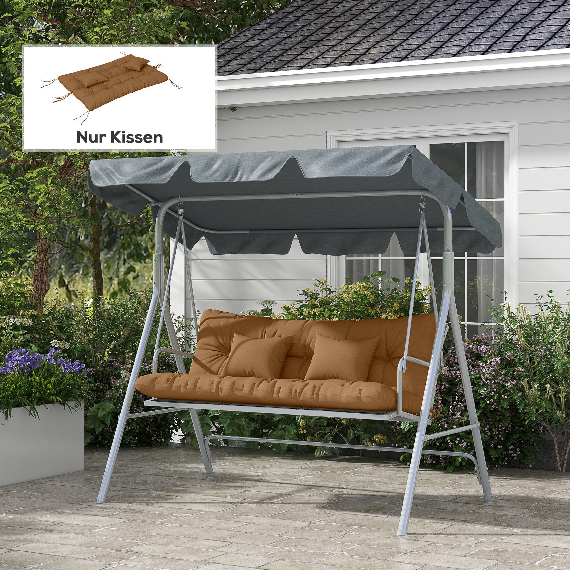 Outsunny Sitzkissen 4er-Set Stuhlkissen, wasserabweisend, 10cm dick, mit Bindebänder, für Haus, Garten, Sofa, Bräune