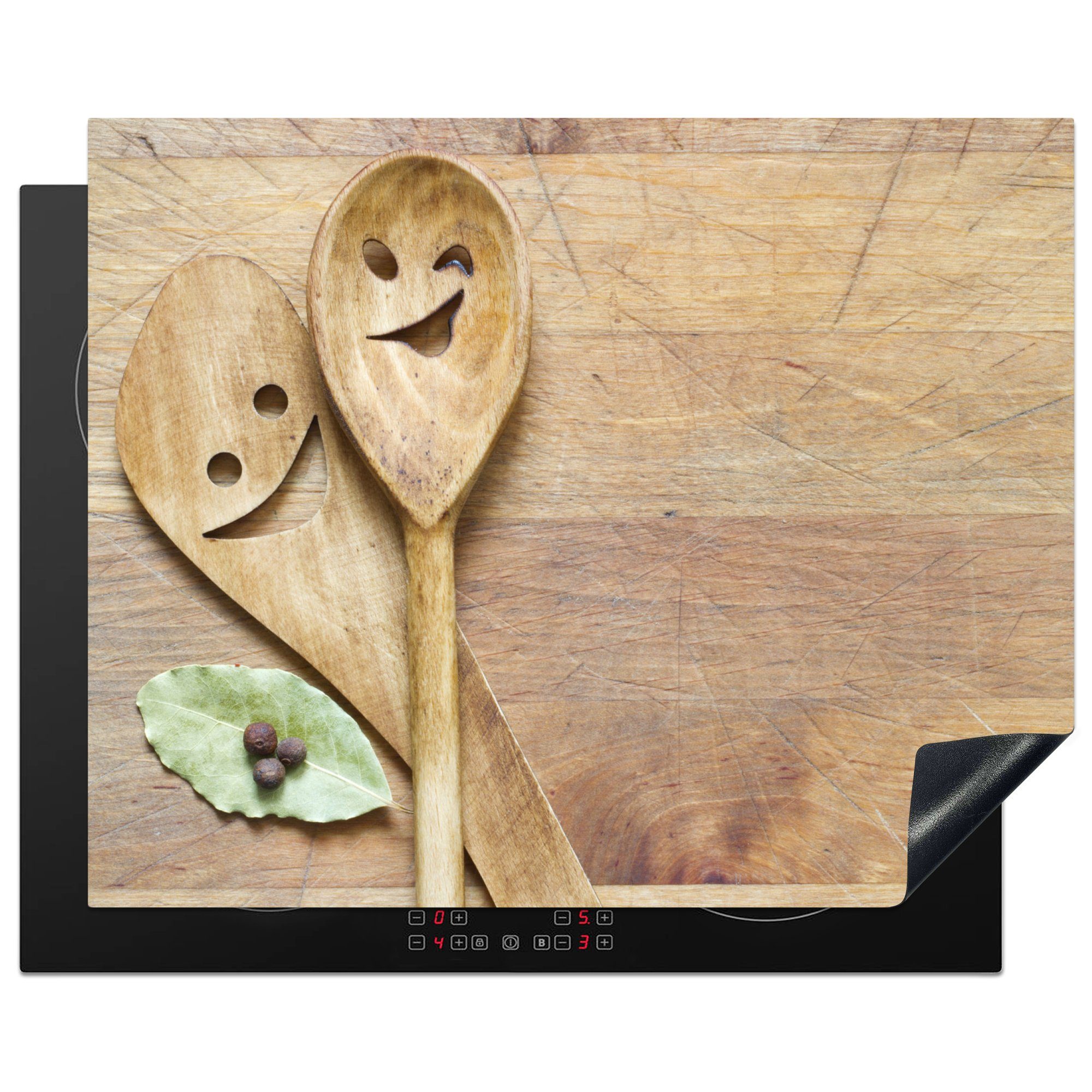 MuchoWow Herd-Abdeckplatte Holz - Löffel - Braun - Smiley, Vinyl, (1 tlg), Abdeckung Induktionskochfeld Schutzmatte, Küche Deko, 65x52 cm
