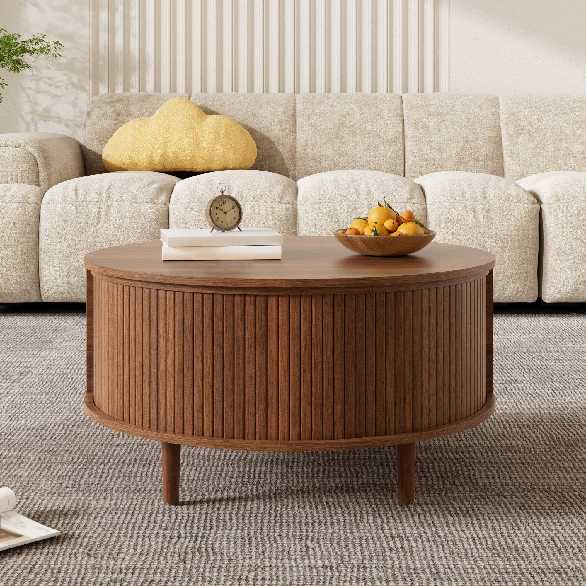 Merax Couchtisch rund Sofatisch anhebbarer Beistelltisch mit Liftfunktion im Holzoptik (1-St), Wohnzimmertisch mit Schiebetür, 4 Ablagefächern & verstecktem Sta – Bild 3 von 5