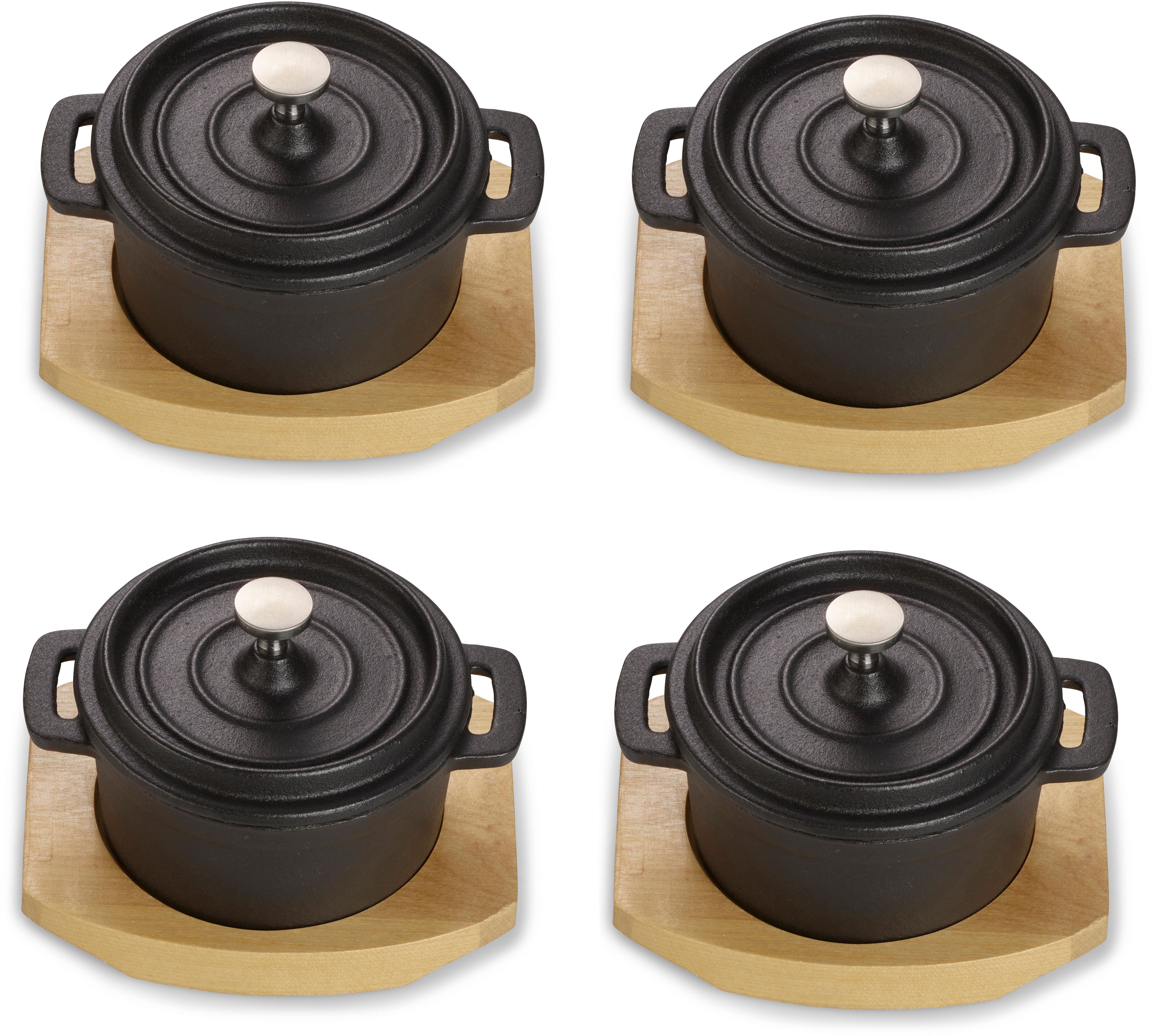 ECHTWERK Servierpfanne 4x Mini-Kochtopf aus Gusseisen, Gusseisen (Set, 4-tlg), inkl. dekorativem Servierbrett, bereits eingebrannt