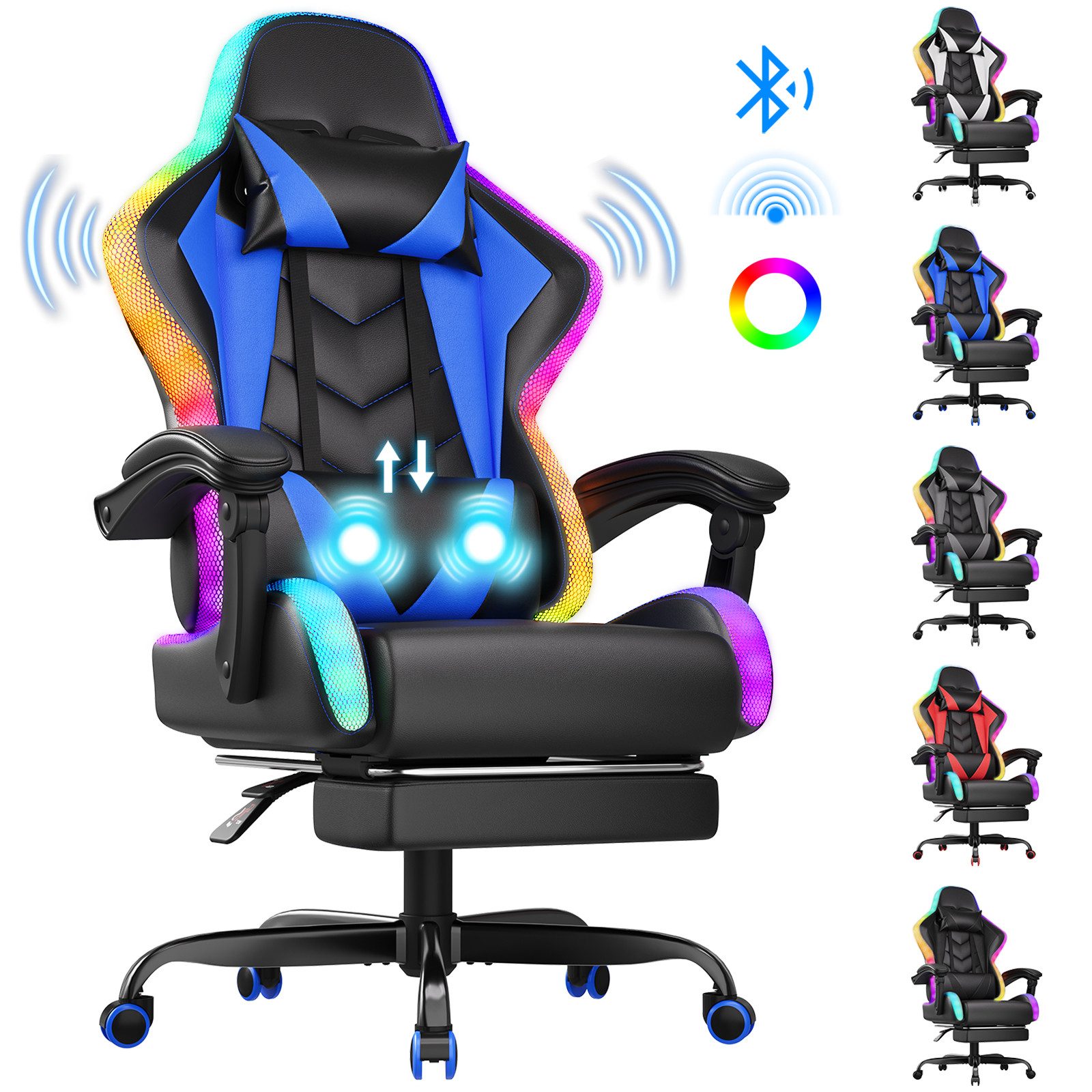 HOMALL Gaming-Stuhl mit LED,Ergonomisch,Fußstütze,computerstuhl,gaming stuhl mit massage (Die LED-Beleuchtung ist einstellbar, das Massagekissen für den Rücken ist beweglich), Ergonomischer Bürostuhl,Kopfstütze und Lendenstütze