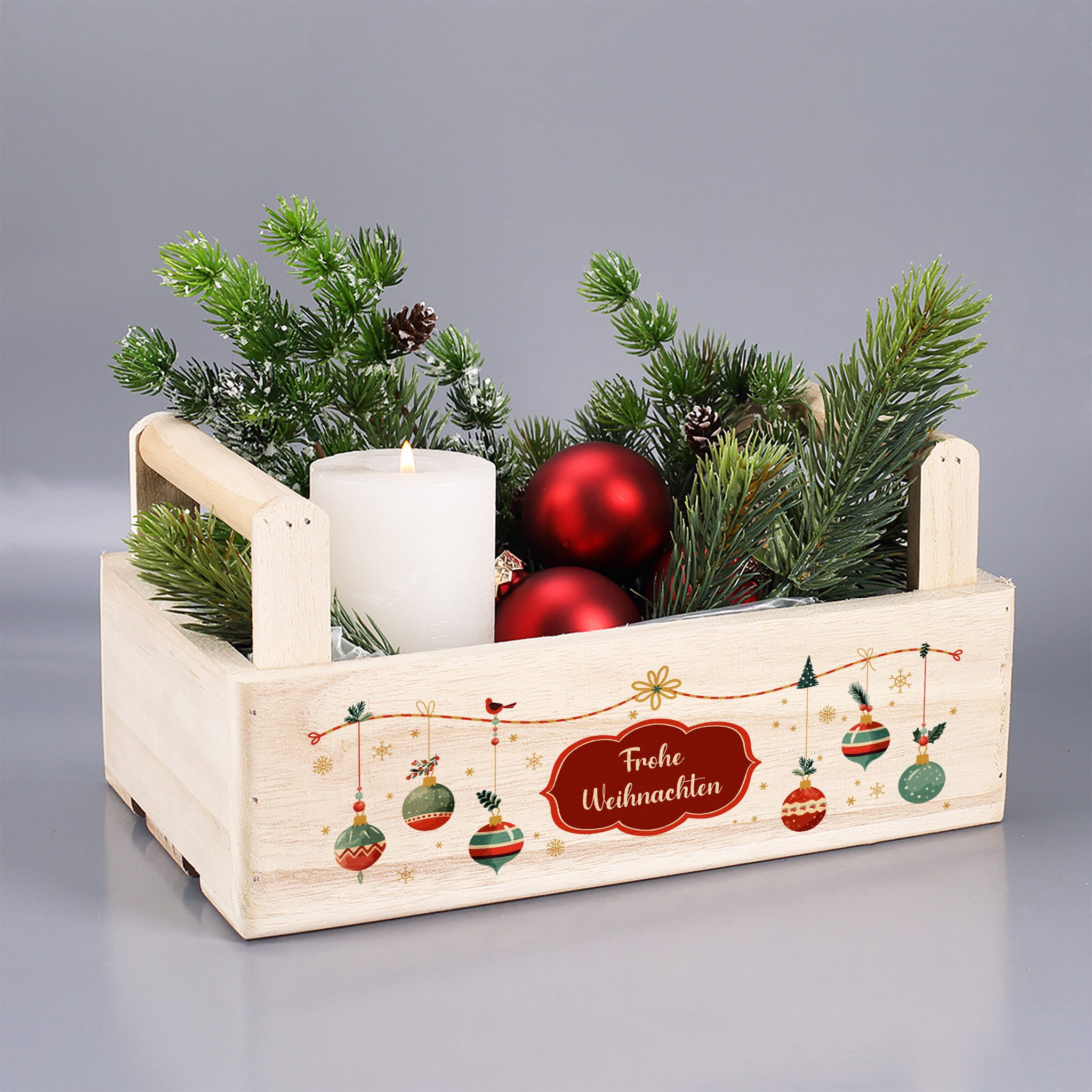 Herz & Heim Geschenkbox zu Weihnachten oder Nikolaus - Holzkorb für Weihnachtsgeschenke, mit Holzgriffen