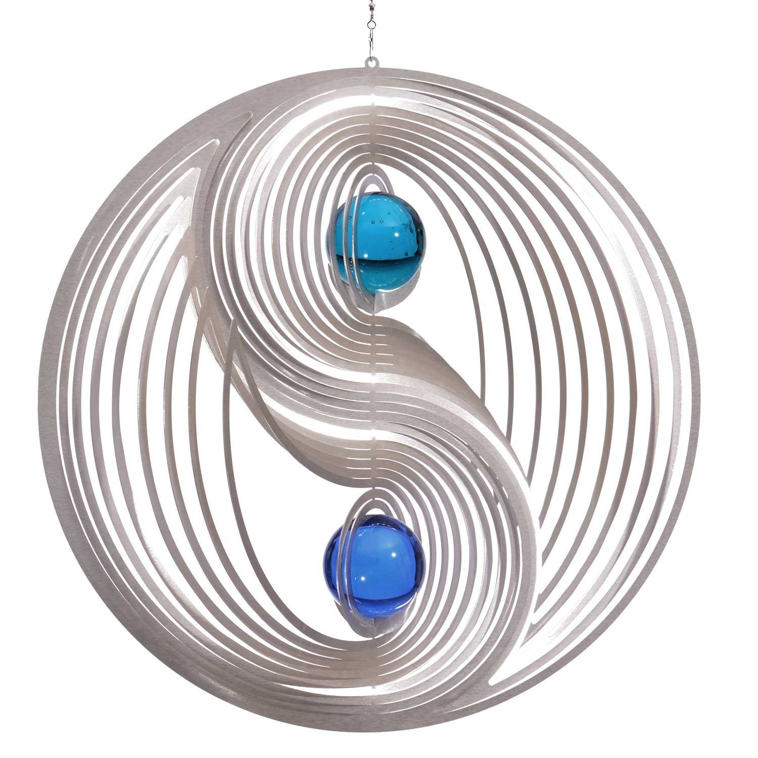 Illumino Edelstahl-Windspiel Kreis mit kobaltblauer 50 mm Glaskugel 