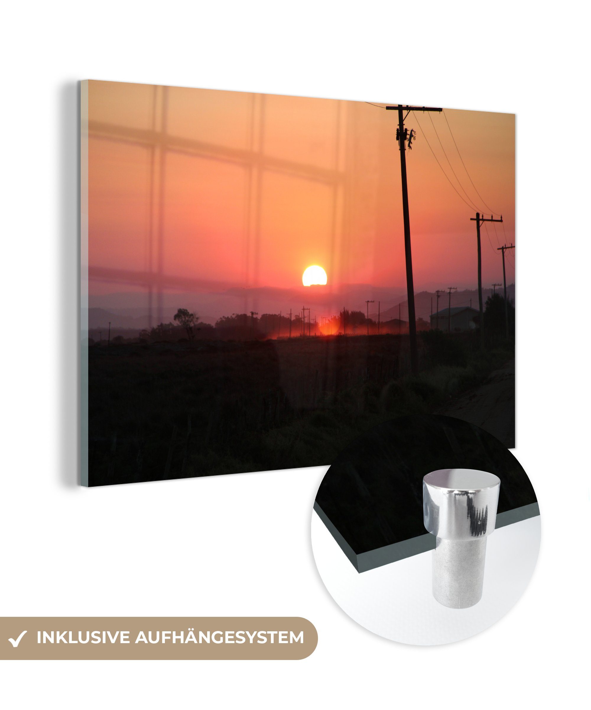 MuchoWow Acrylglasbild Ein Bild des Sonnenuntergangs in der Nähe einer Straße mit Strommasten, (1 St), Acrylglasbilder Wohnzimmer & Schlafzimmer