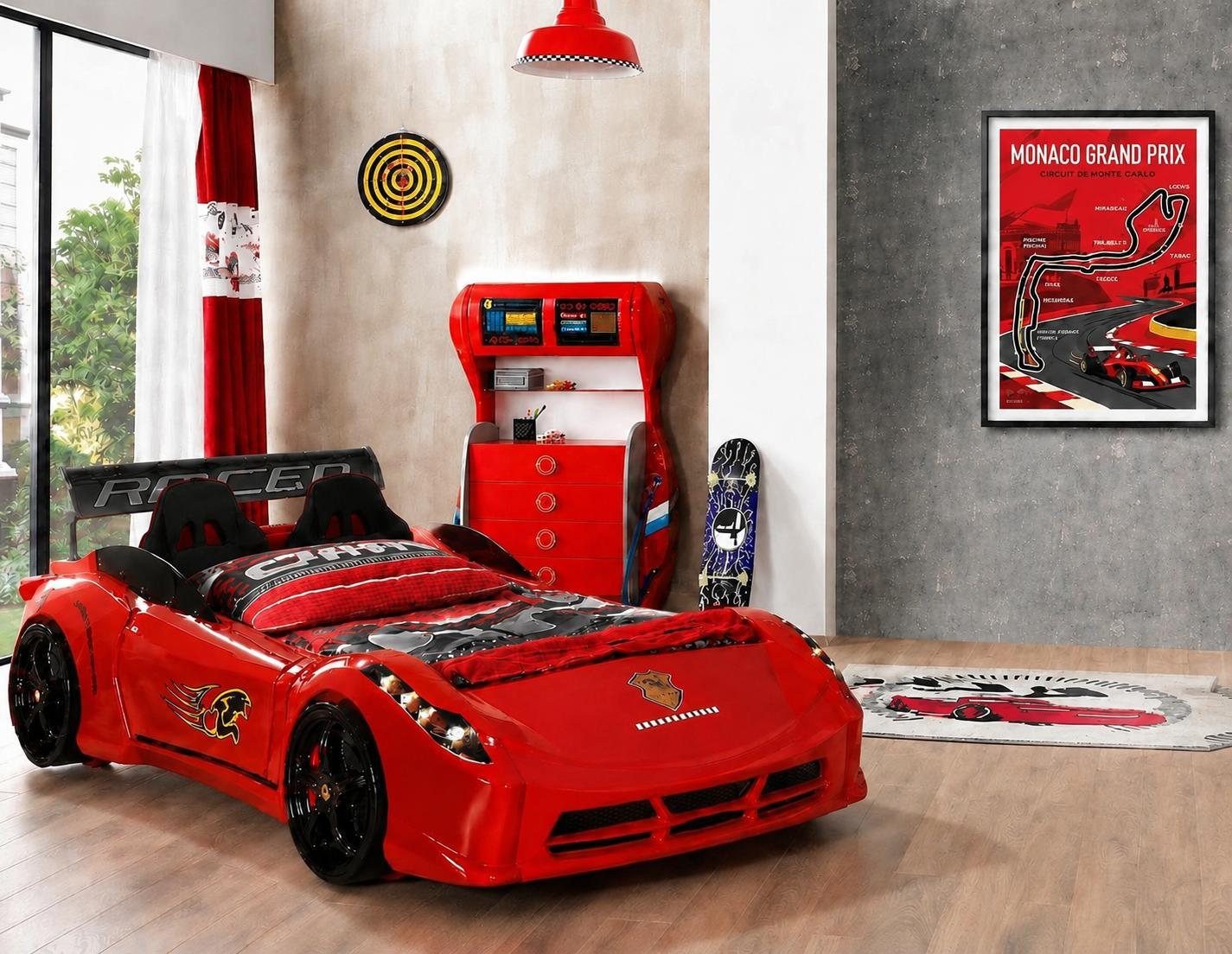 JVmoebel Autobett Autobett Kinderbett Rot Rennwagen Sportwagen Kommode Racing (2-tlg), Made in Europa