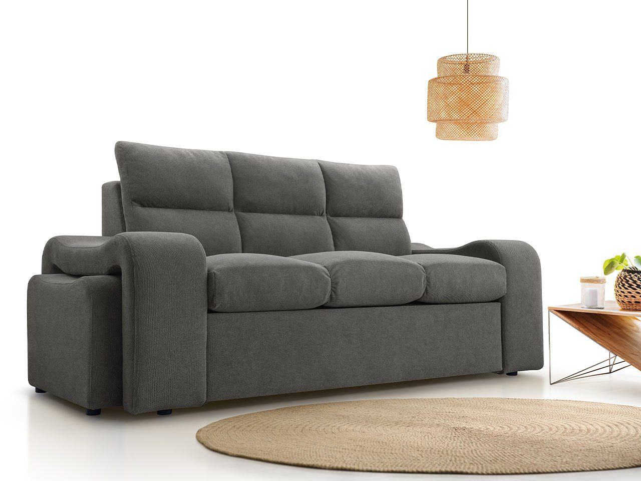 MÖBEL Stil, zwei MKS Sitzpuffs, Curio im einer Wellenfeder Dreisitzer VASTO, modernen mit auf Graphit Sofa