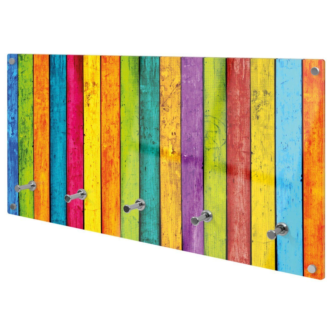 banjado Шкафыleiste Glas Bunte Holzlatten (Wandgarderobe, mit verchromten Haken), inkl. Montagematerial