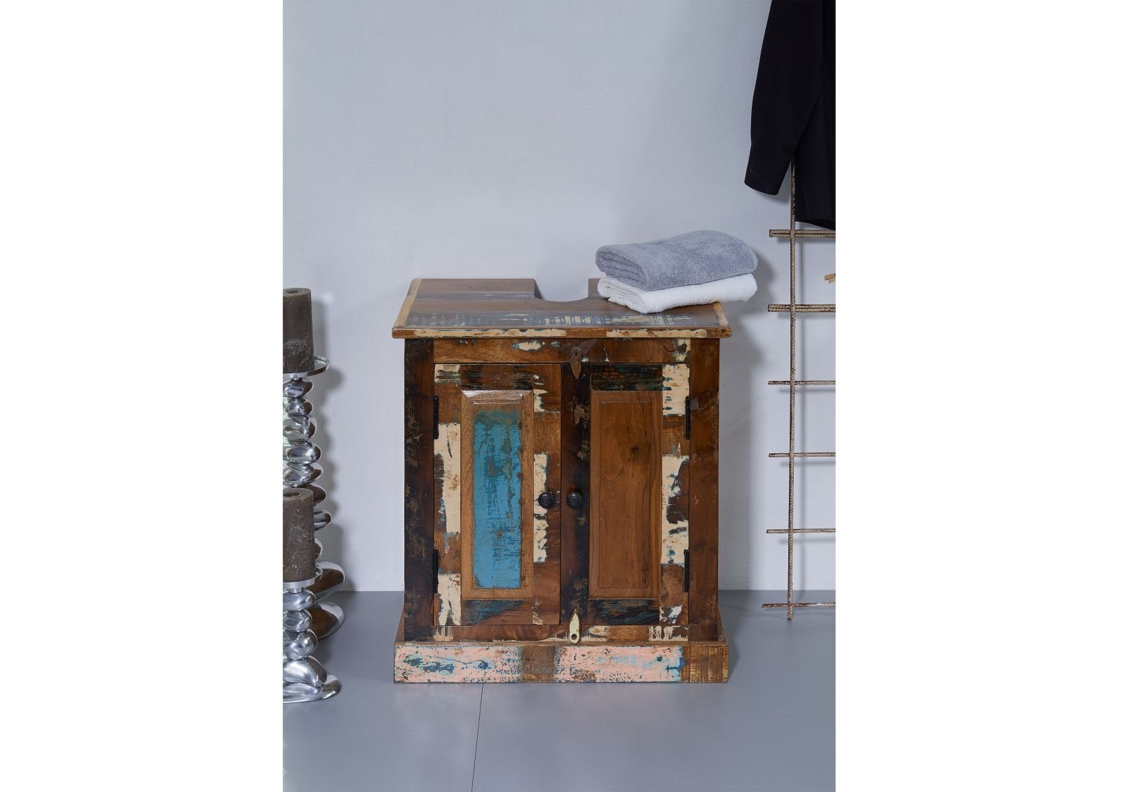 Massivmoebel24 Waschbeckenunterschrank NATURE OF SPIRIT (Altholz 66x43x60 mehrfarbig NATURE OF SPIRIT BAD #101) Altholz 66x43x60 mehrfarbig NATURE OF SPIRIT BAD #101