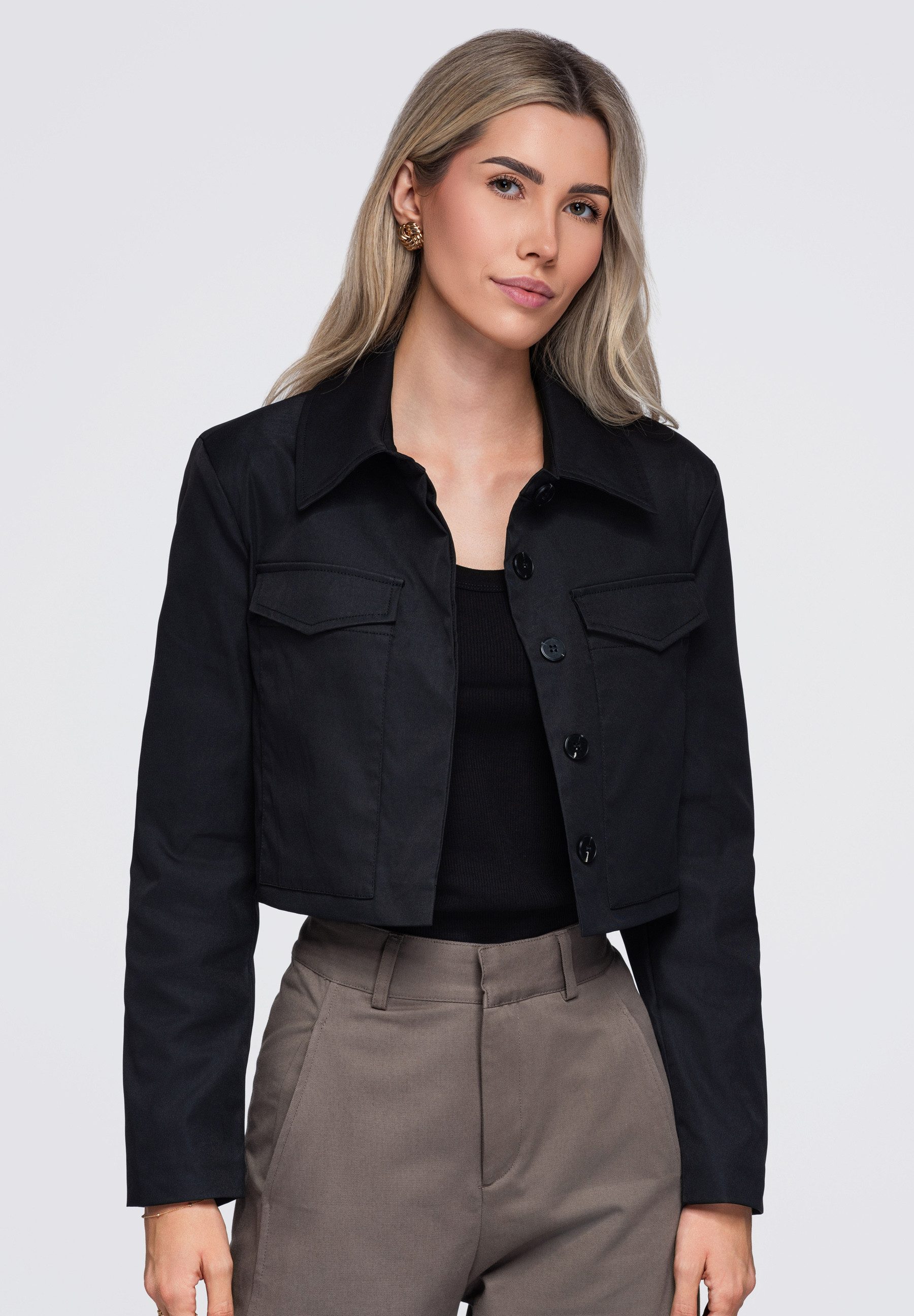 OMBRE Kurzblazer Damen Kurzblazer Slim Fit mit klassischem Kragen Schwarz S (kein Set, 1-tlg) in Unifarbe