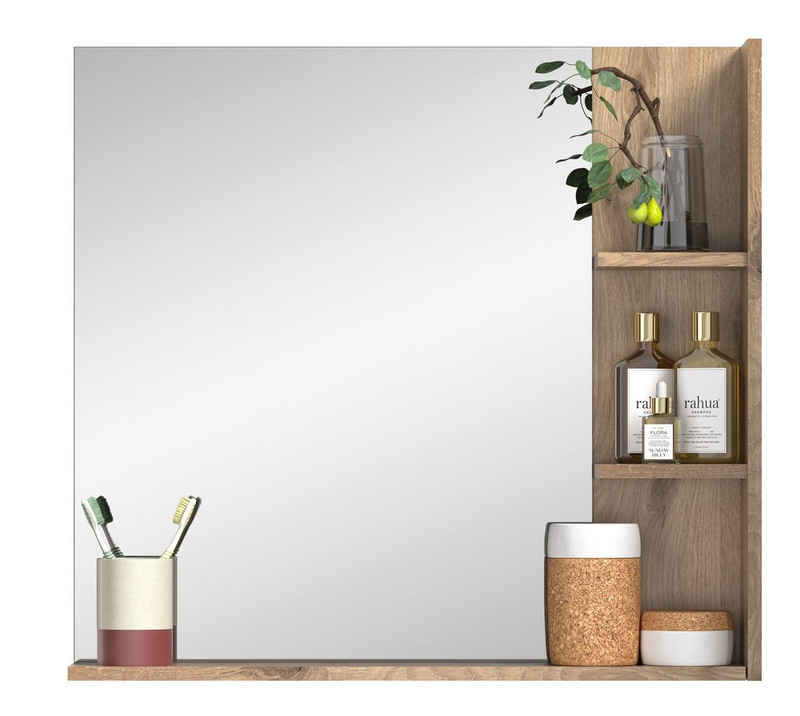 möbelando Wandspiegel Missoula, Moderner Spiegel mit Ablage in "Nox Oak", inkl. Regal in "Nox Oak" mit 3 Ablageböden und 1 langen Ablage. Breite 79 cm, Höhe 73 cm, Tiefe 14 cm.