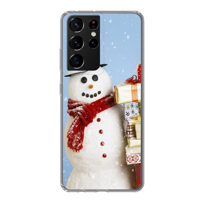 MuchoWow Handyhülle Ein Schneemann mit Weihnachtsgeschenken Phone Case Handyhülle Samsung Galaxy S21 Ultra Silikon Schutzhülle