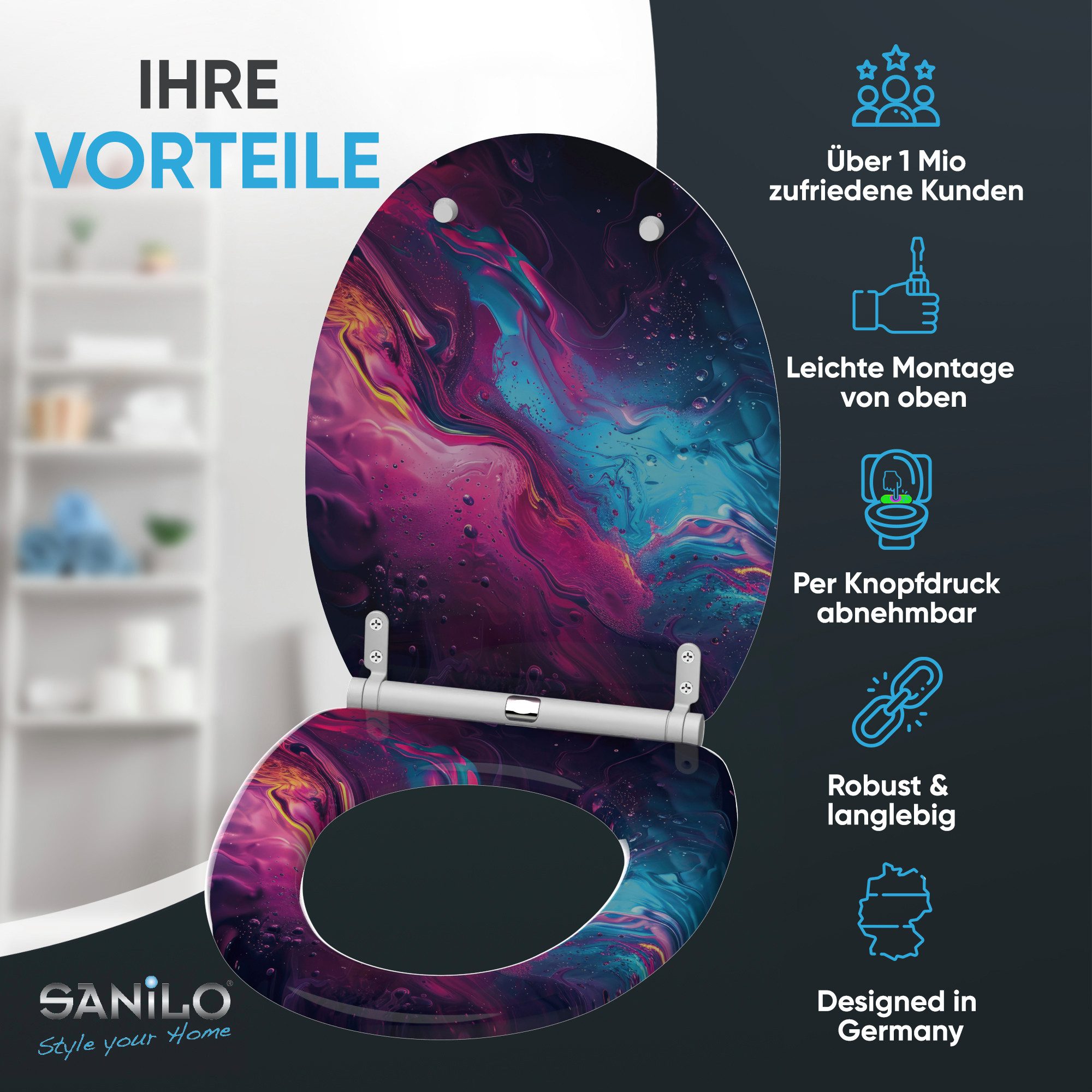 Sanilo WC-Sitz Lumen mit Absenkautomatik & Quick Release, hochwertig, abnehmbar, leichte Montage von oben, mit Schraubenzieher