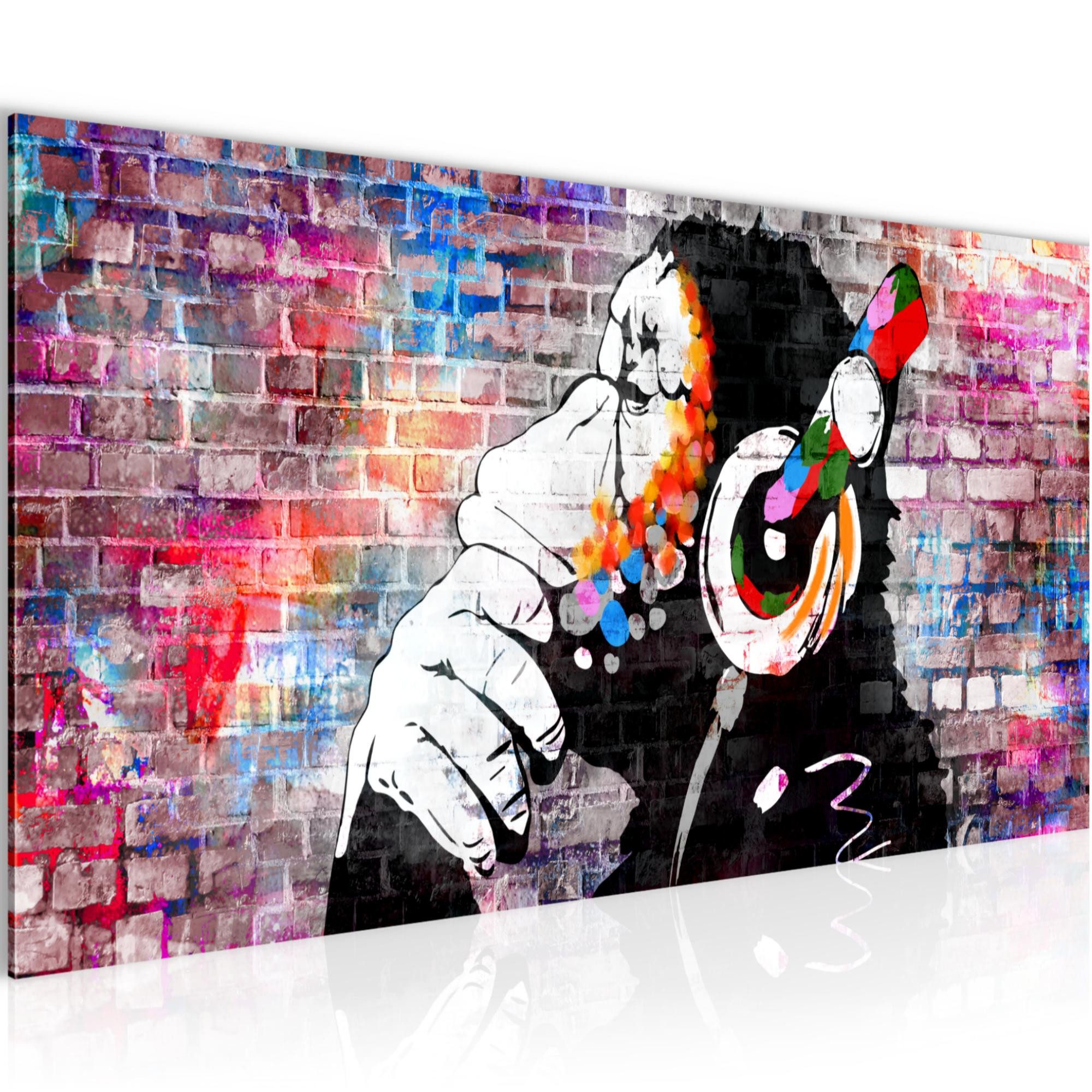 Runa Art XXL-Wandbild Banksy Style Street Art Deko Loft Wohnzimmer Bilder, Affe mit Kopfhörer