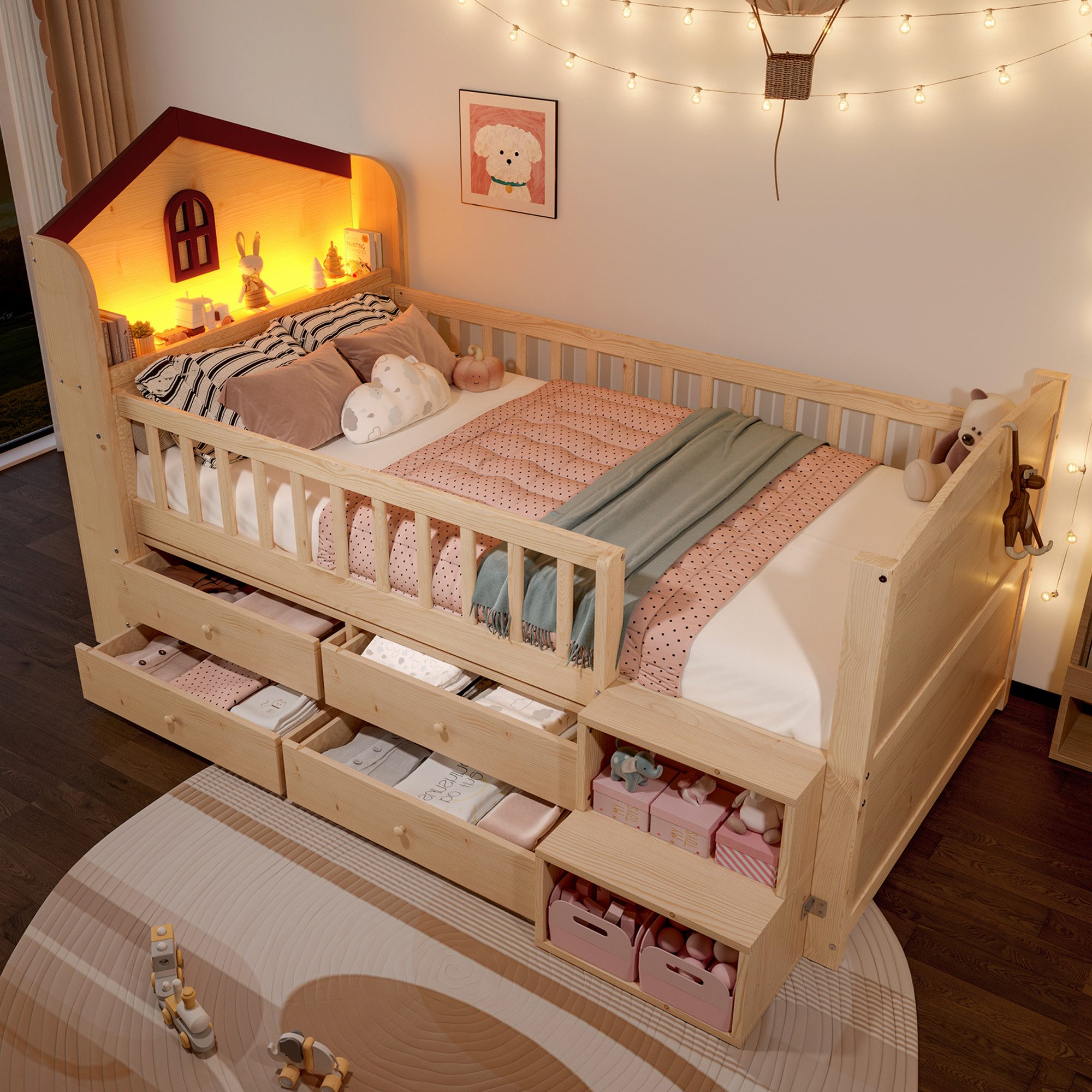 Flieks Kinderbett, Halbhohes Bett Hausbett Holzbett 90x200cm mit LED und 4 Schubladen