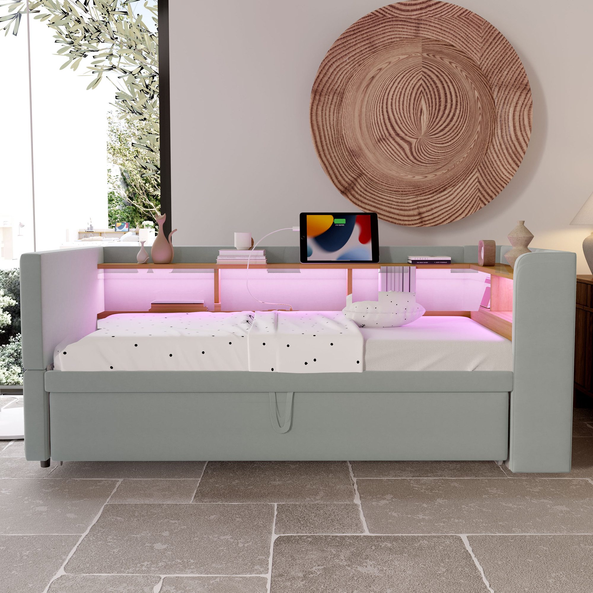 Flieks Daybett, Polsterbett Schlafsofa Ausziehbett 90/180x190cm LED Aufladen Stauraum
