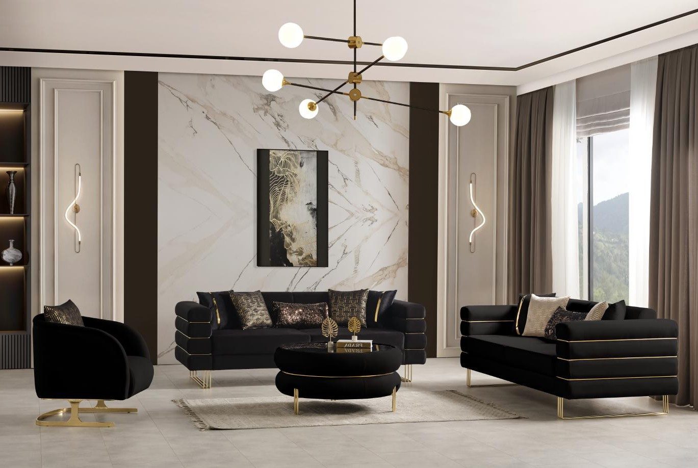 Xlmoebel Polstergarnitur XLMOEBEL Polstergarnitur Schwarz mit goldfarbenem Rahmen, (Polstergarnitur, 3-tlg., Sofa & Sessel), Made in Europa