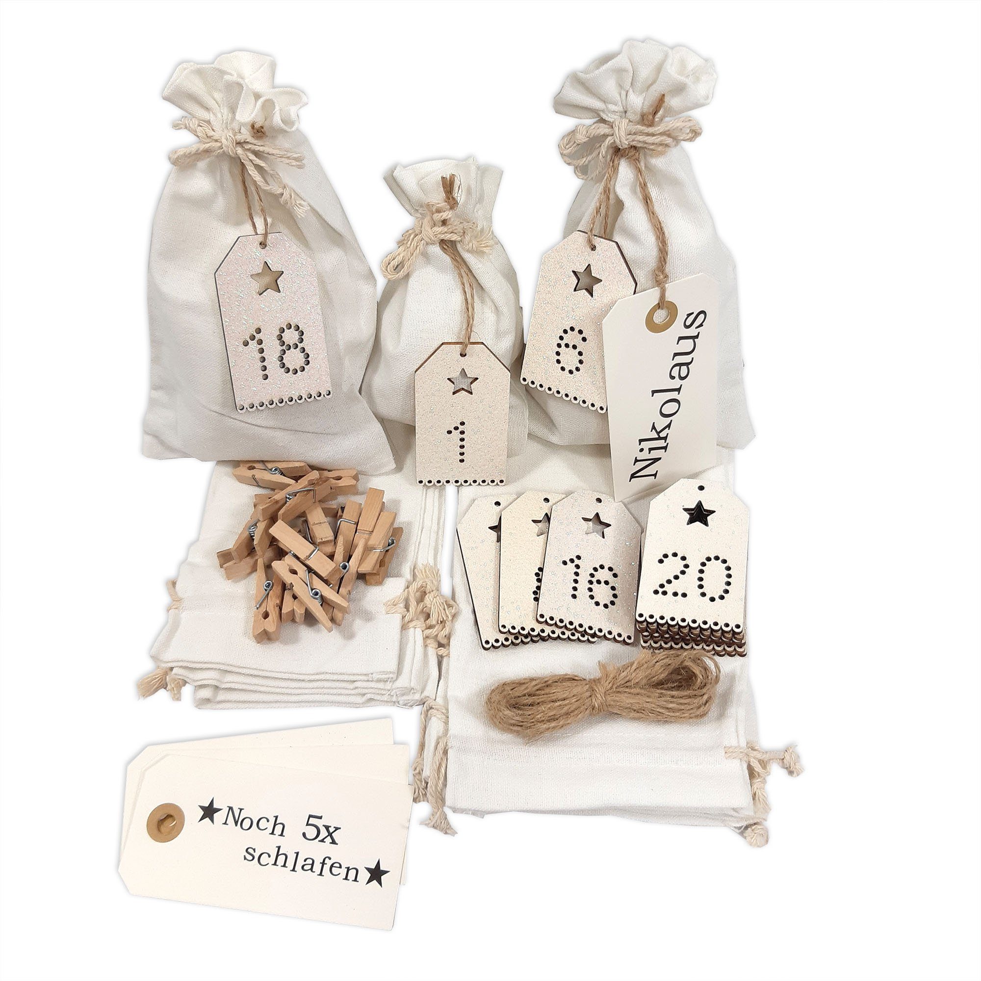 Frau WUNDERVoll befüllbarer Adventskalender Adventskalender Schneeflöckchen Baumwollbeutel weiß/creme