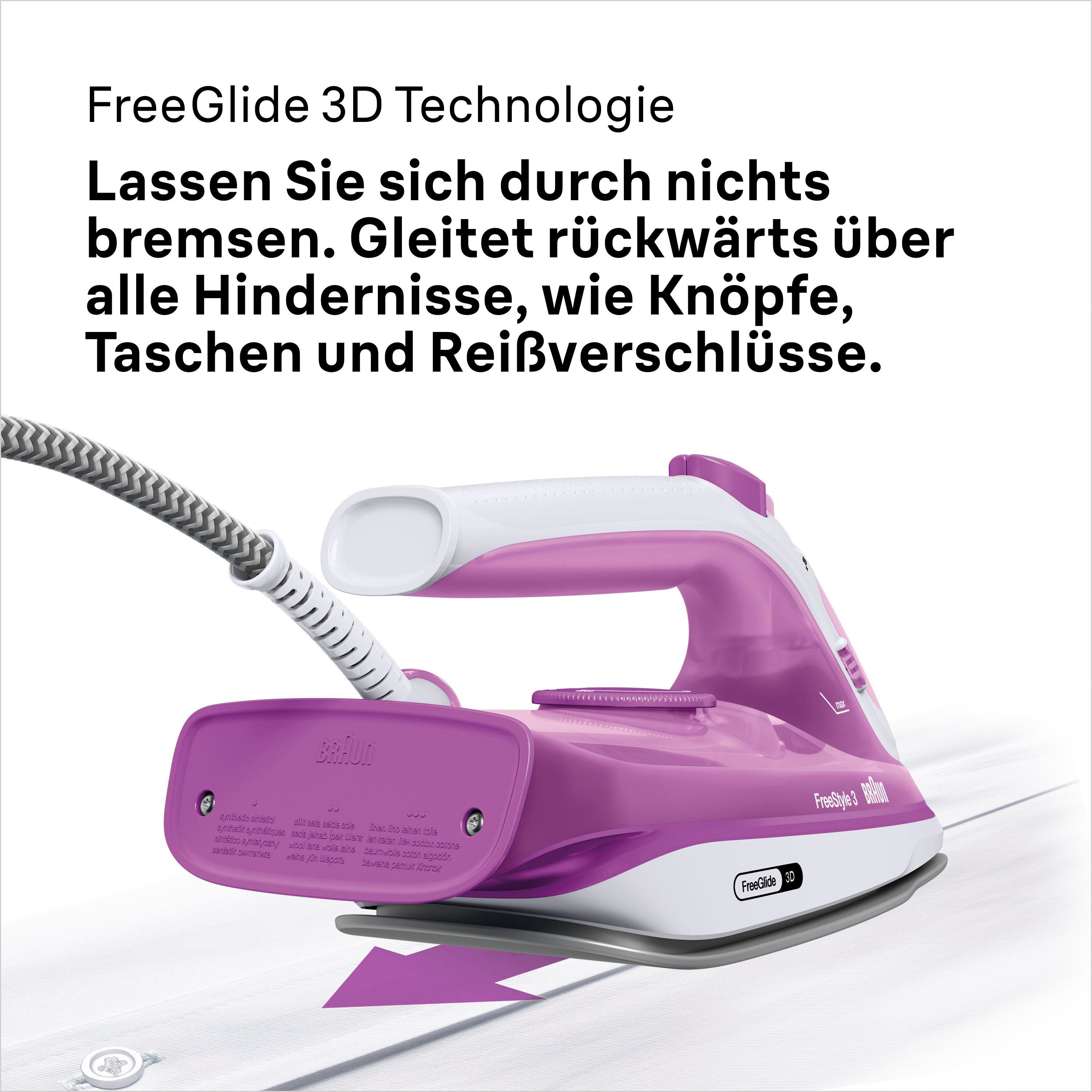 Braun Dampfbügeleisen FreeStyle 3 FI 3124 PU - 2.400 W, 170 g Dampfstoß, 270 ml Wassertank, 2400 W, 45 g Dampfmenge, SuperCeramic Bügelsohle, 35 Sek. Aufheizzei – Bild 5 von 5
