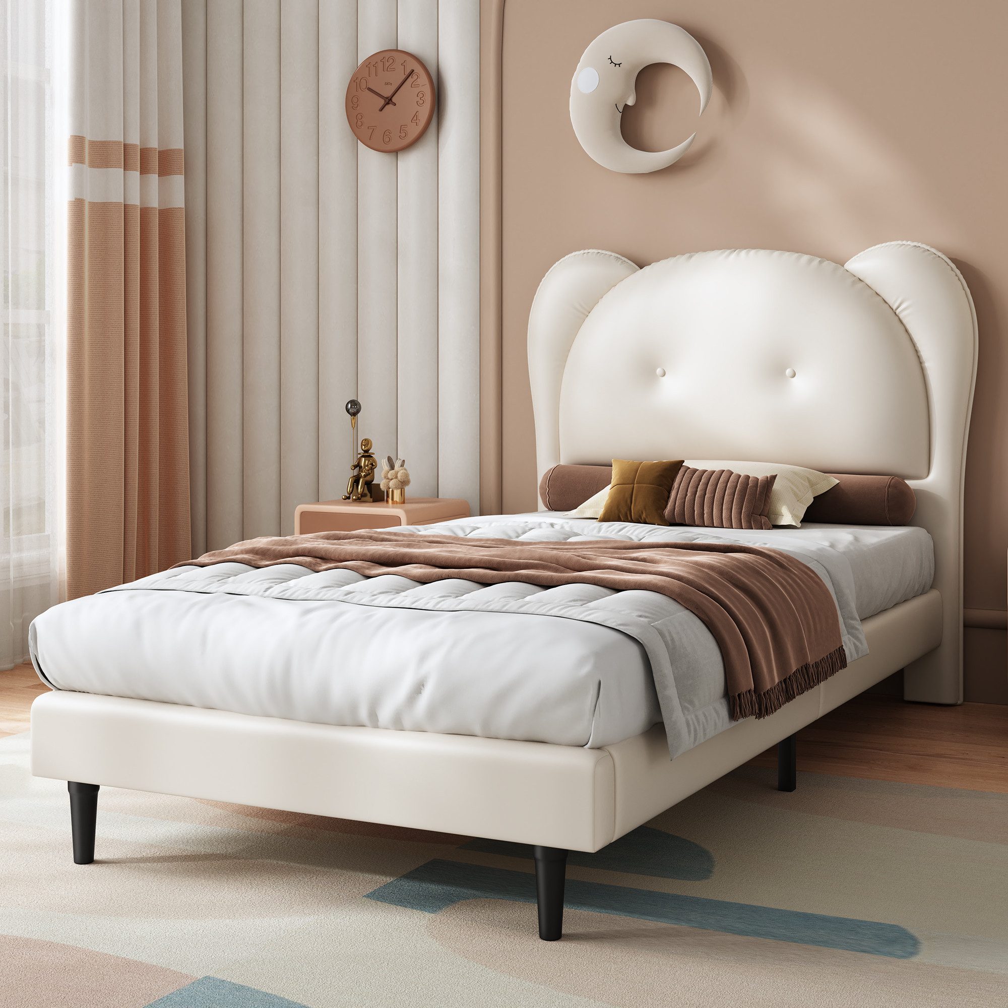 Gdood Polsterbett Kinderbett Einzelbett, Bärenform Kopfteil (1-tlg., Geeignet für Jugendliche und Kinder), Mit Lattenrost, Knopfdesign, Kunstleder, 90x200 cm