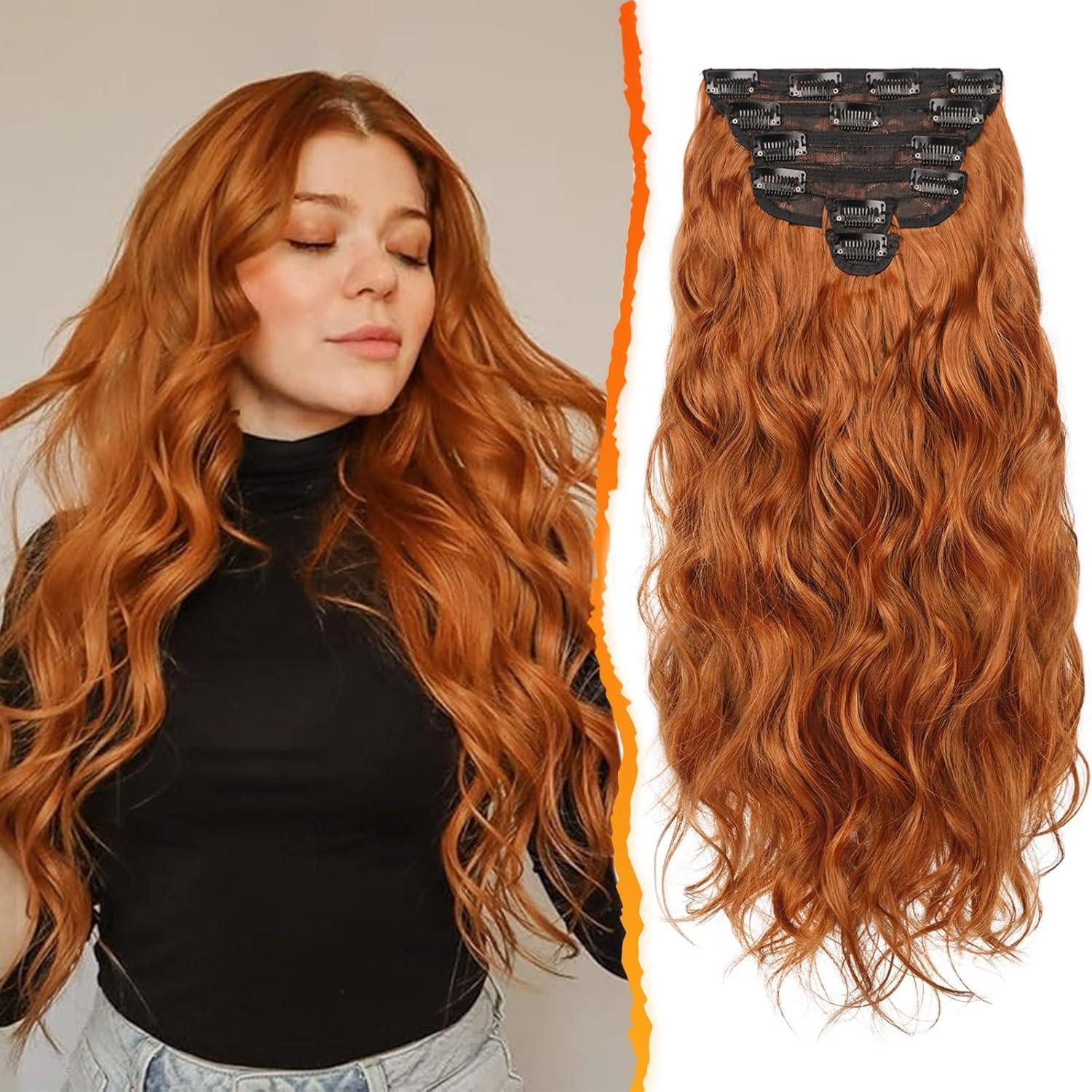 LuxusKollektion Kunsthaar-Extension Clip in Haarverlängerung 50CM Wellig Kupfer Haarextension 6-teilig