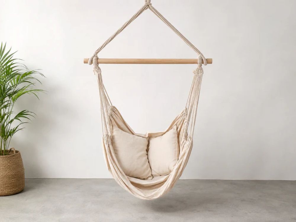 Schweng Hängesessel Hängesessel Beige – 130 × 100 cm, 2 Kissen, Seil, Holzstab & S-Hake
