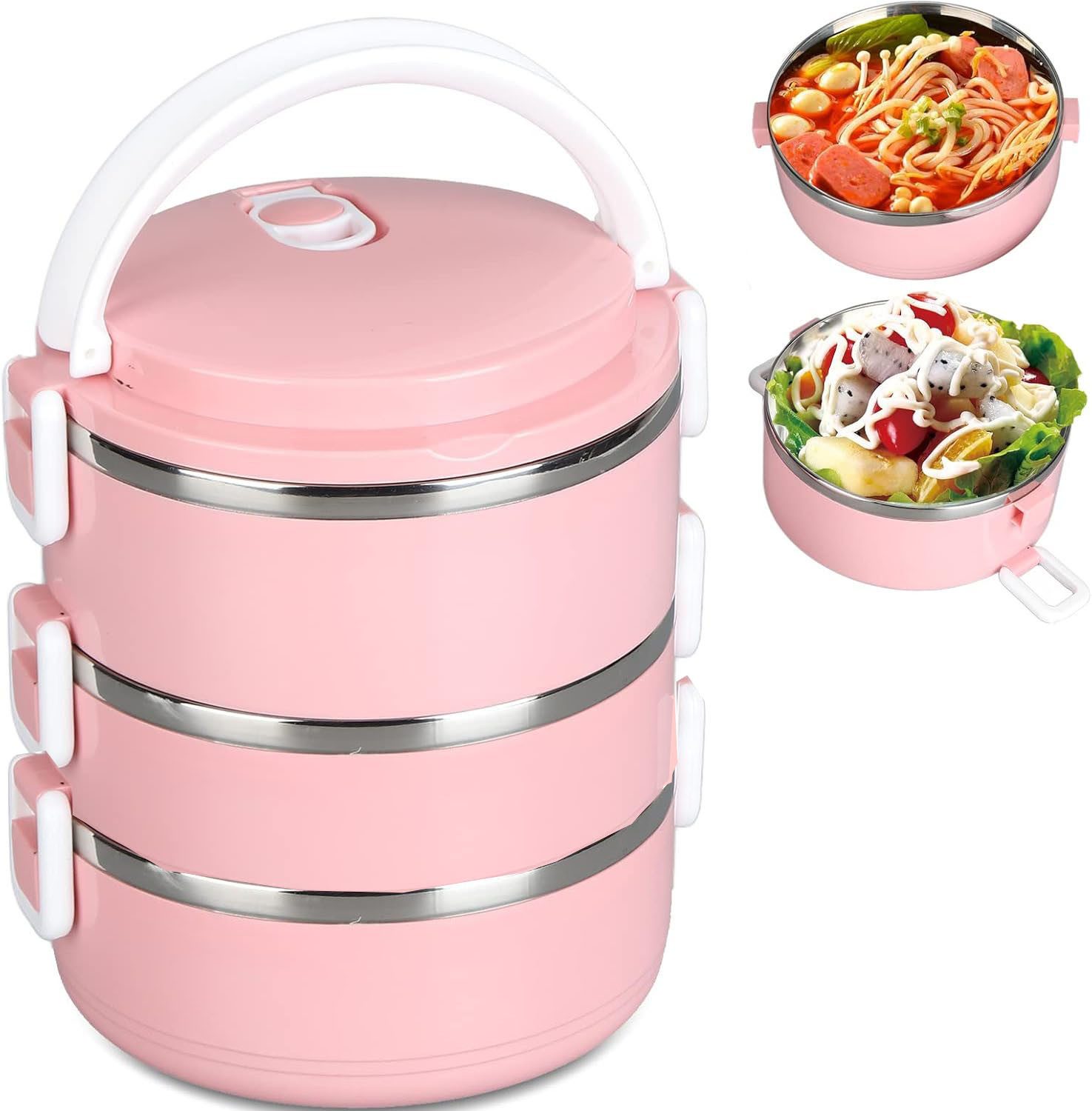 Refined Living Frischhaltedose 2/3/4 Schicht Edelstahl Thermo Lunchbox,Runde Brotdose mit Besteck, Edelstahl, (Brotdose Edelstahl, Bento Box Edelstahl, Stapelbare Lunchbox, Thermo Speisebehälter, Lunchbox mit Deckel, Auslaufsichere Lunchbox, Thermo Speisebehälter für warme Speisen, 3-tlg., Auslaufsicherer Verschluss, Stapelbar, mit Luftventil), für unterwegs,Büro,Schule,Ausflüge,Reisen,Studenten,Berufstätige