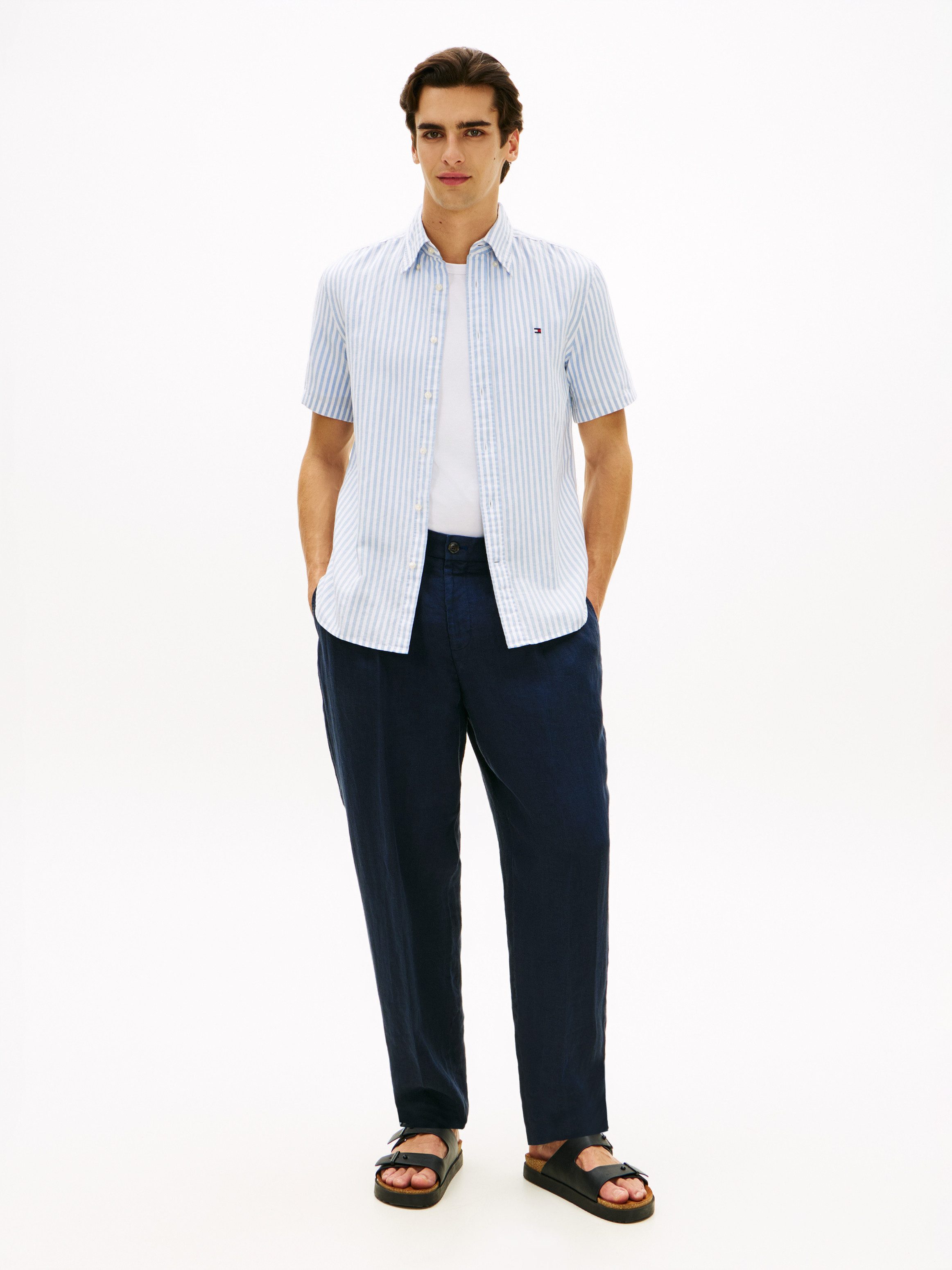 Tommy Hilfiger Kurzarmhemd LINEN BLEND BENGAL STRIPE regular fit, gestreift, Button-down-Kragen