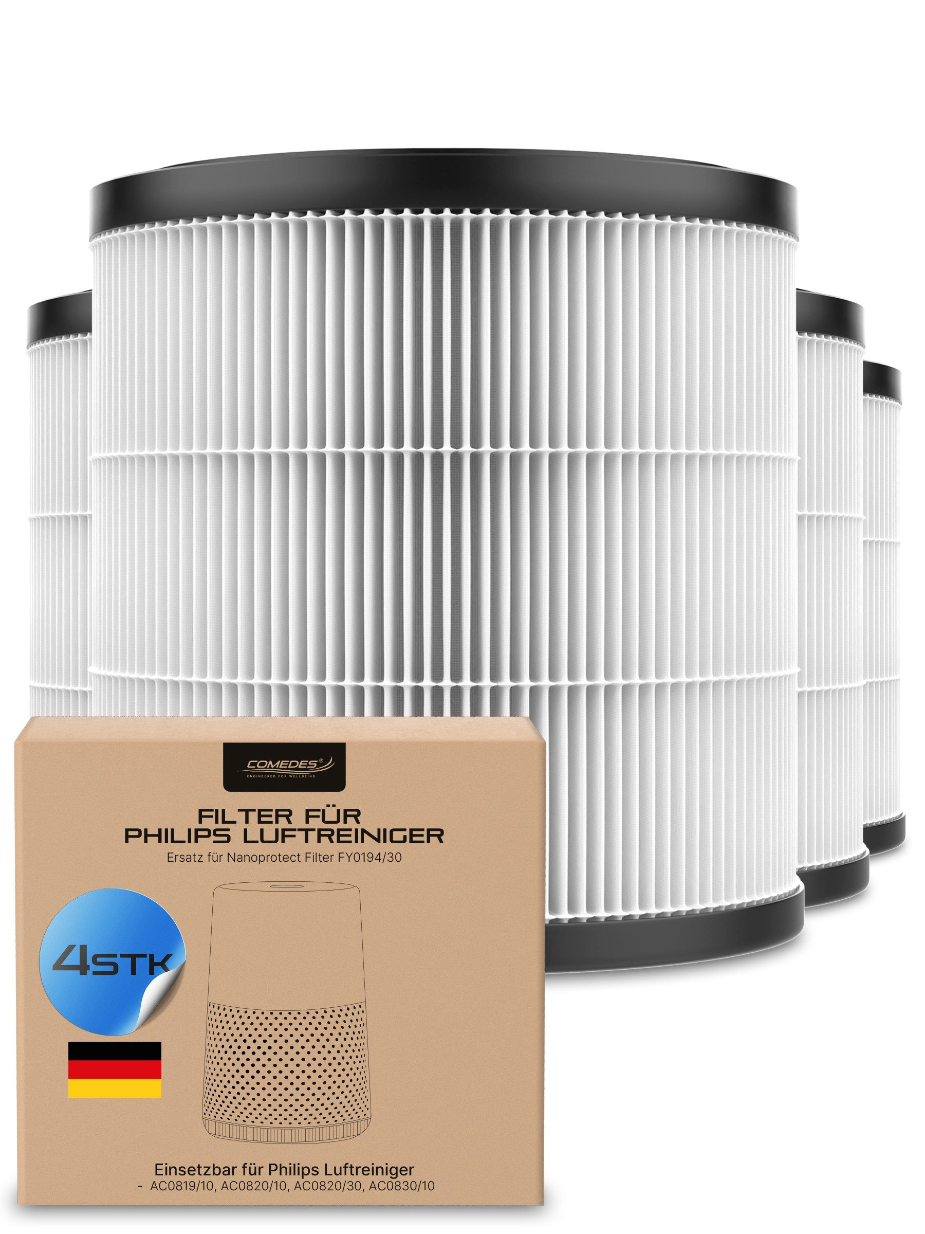 Comedes HEPA-Filter 4er Set Ersatzfilter passend für Philips AC0920 & AC0921, Zubehör für Philips Luftreiniger AC0920, AC0921